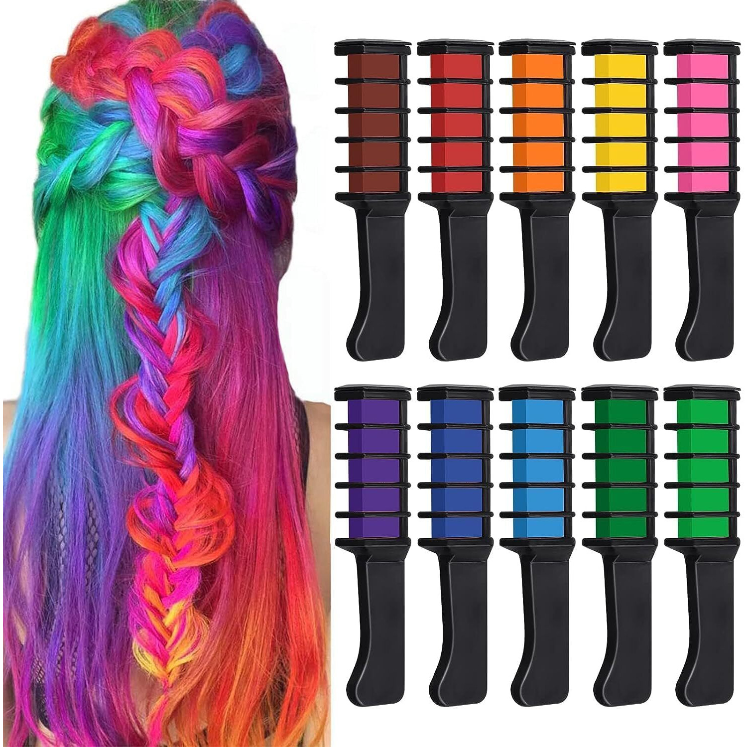 Kalolary 10 Color Temporary Hair Color Chalk Comb Set, Washable Hair Chalk For Girls Kids Gifts On Valentine's Day Cosplay For Age 4 5 6 7 8 9 10+