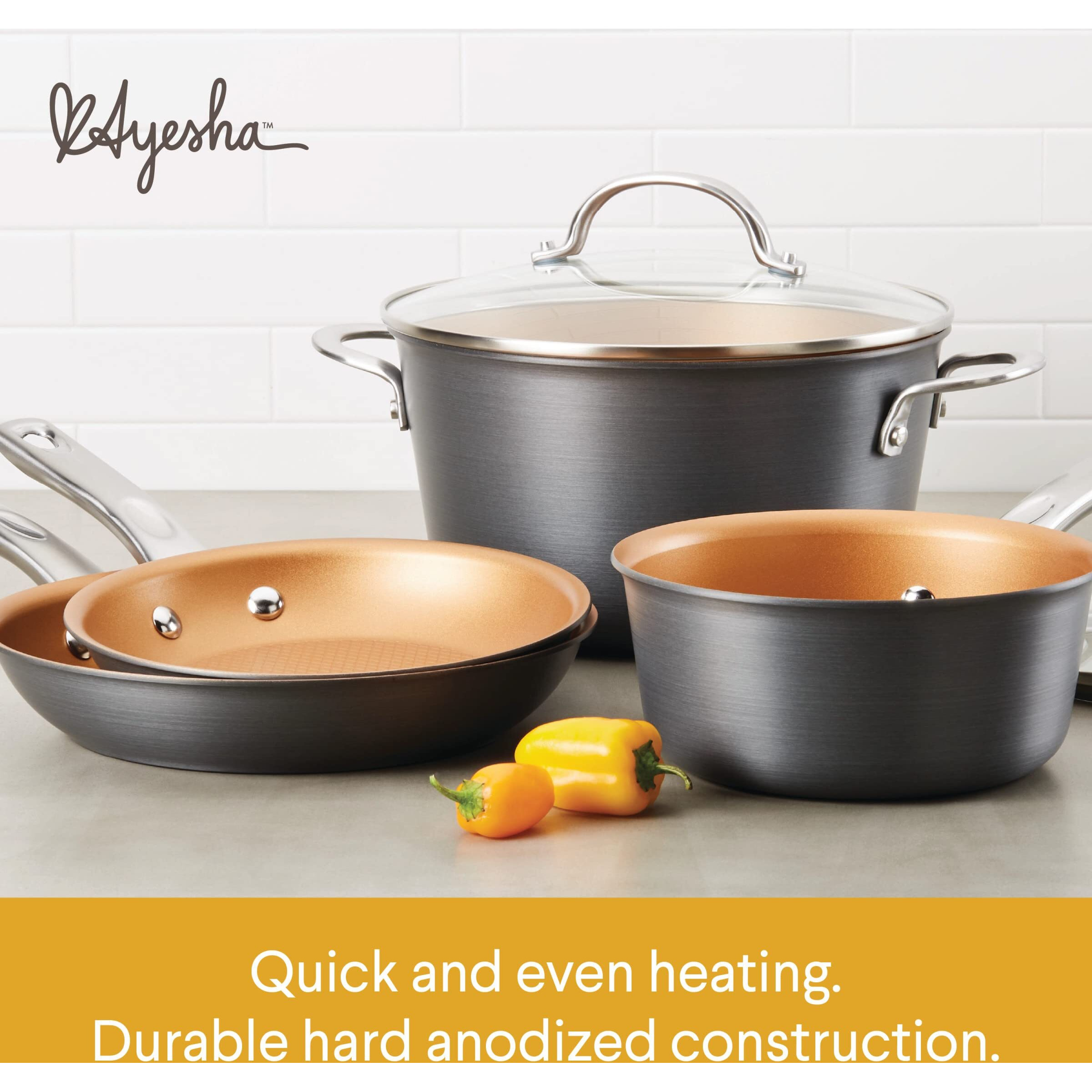 Ayesha Curry Home Collection Hard Anodized Nonstick Cookware Pots And Pans Set, 9 Piece, Charcoal Gray