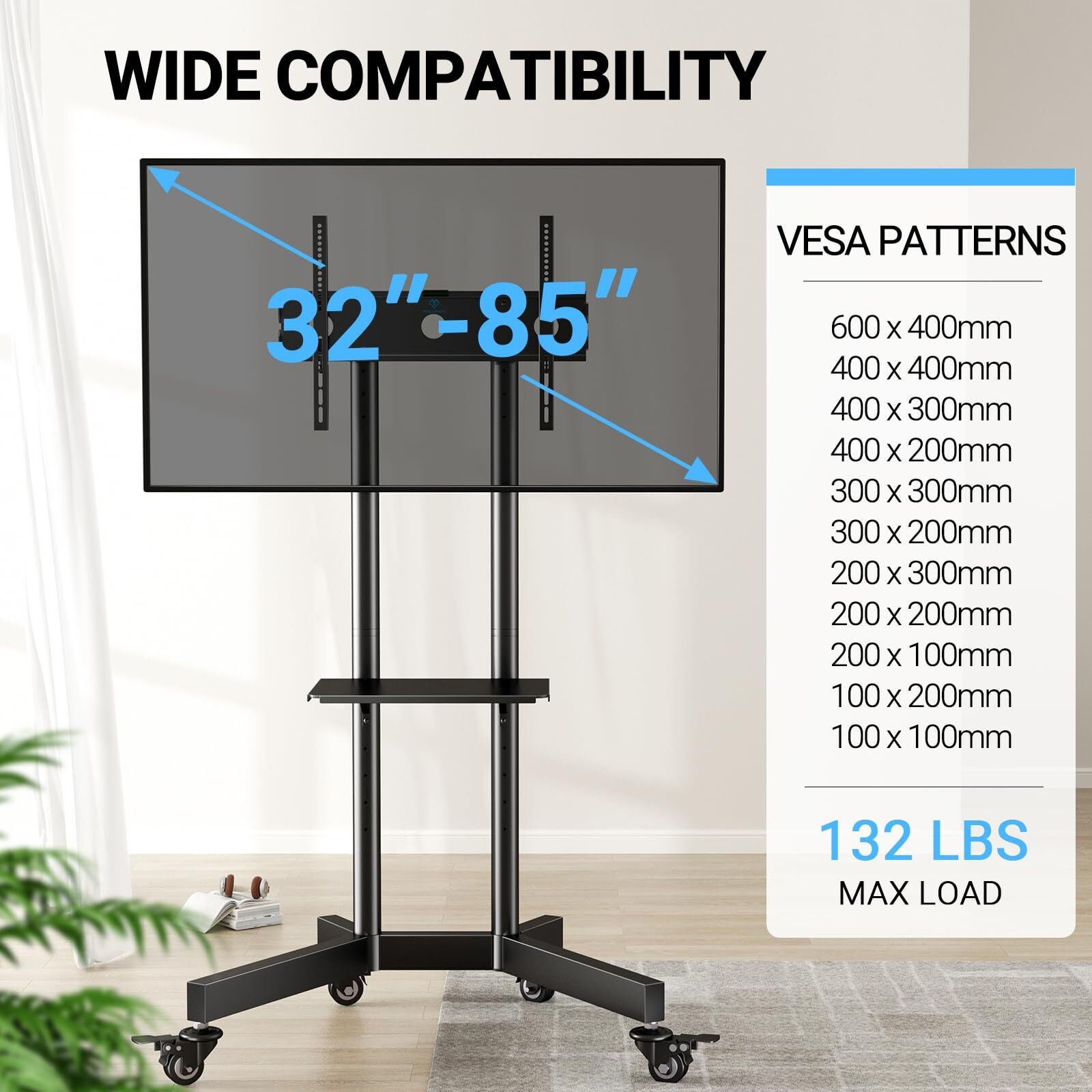 Perlesmith Rolling Tv Stand For 32-85 Inch Tvs Holds Up To 132 Lbs, Height Adjustable Mobile Tv Cart With Wheels, Mobile Tv Stand With Tray, Portable Tv Stand For 4K Tvs Max Vesa 600X400Mm Pstvmc01
