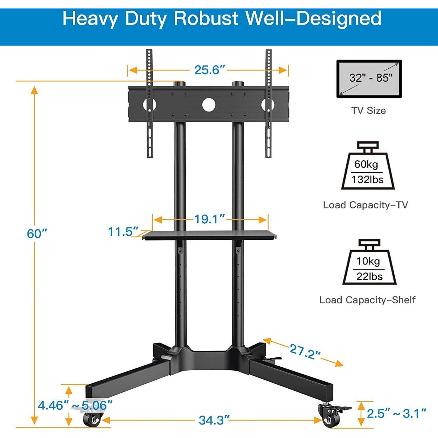 Perlesmith Rolling Tv Stand For 32-85 Inch Tvs Holds Up To 132 Lbs, Height Adjustable Mobile Tv Cart With Wheels, Mobile Tv Stand With Tray, Portable Tv Stand For 4K Tvs Max Vesa 600X400Mm Pstvmc01