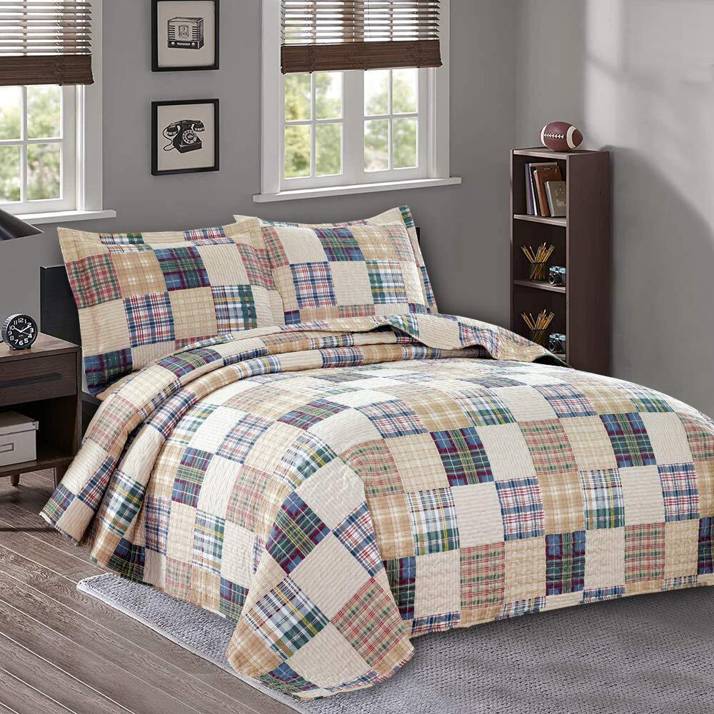 Quilt Set Queen Size Plaid Bedspread Coverlet Queen Quilts Patchwork Bedding Mens Plaid Collection Quilt Bedspread Lightweight Reversible Quilt Bedding Set Queen Bedspread With Pillow Shams,Beige