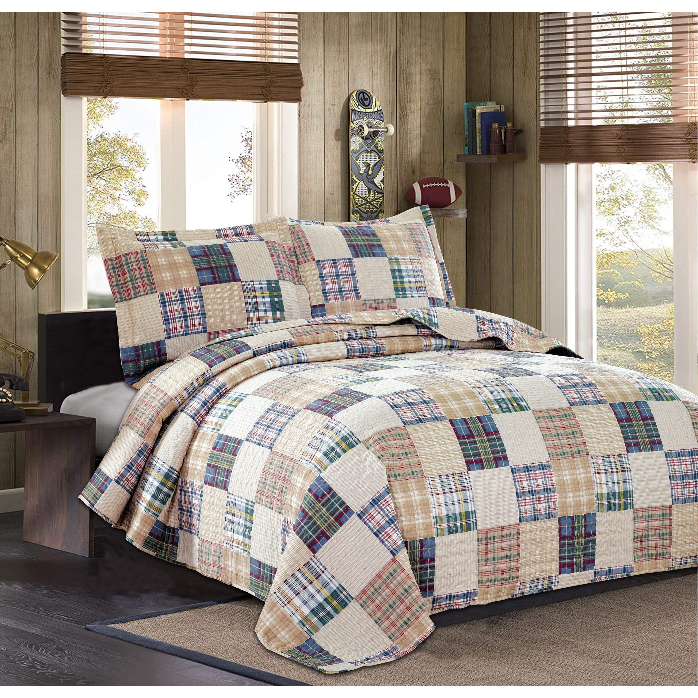 Quilt Set Queen Size Plaid Bedspread Coverlet Queen Quilts Patchwork Bedding Mens Plaid Collection Quilt Bedspread Lightweight Reversible Quilt Bedding Set Queen Bedspread With Pillow Shams,Beige