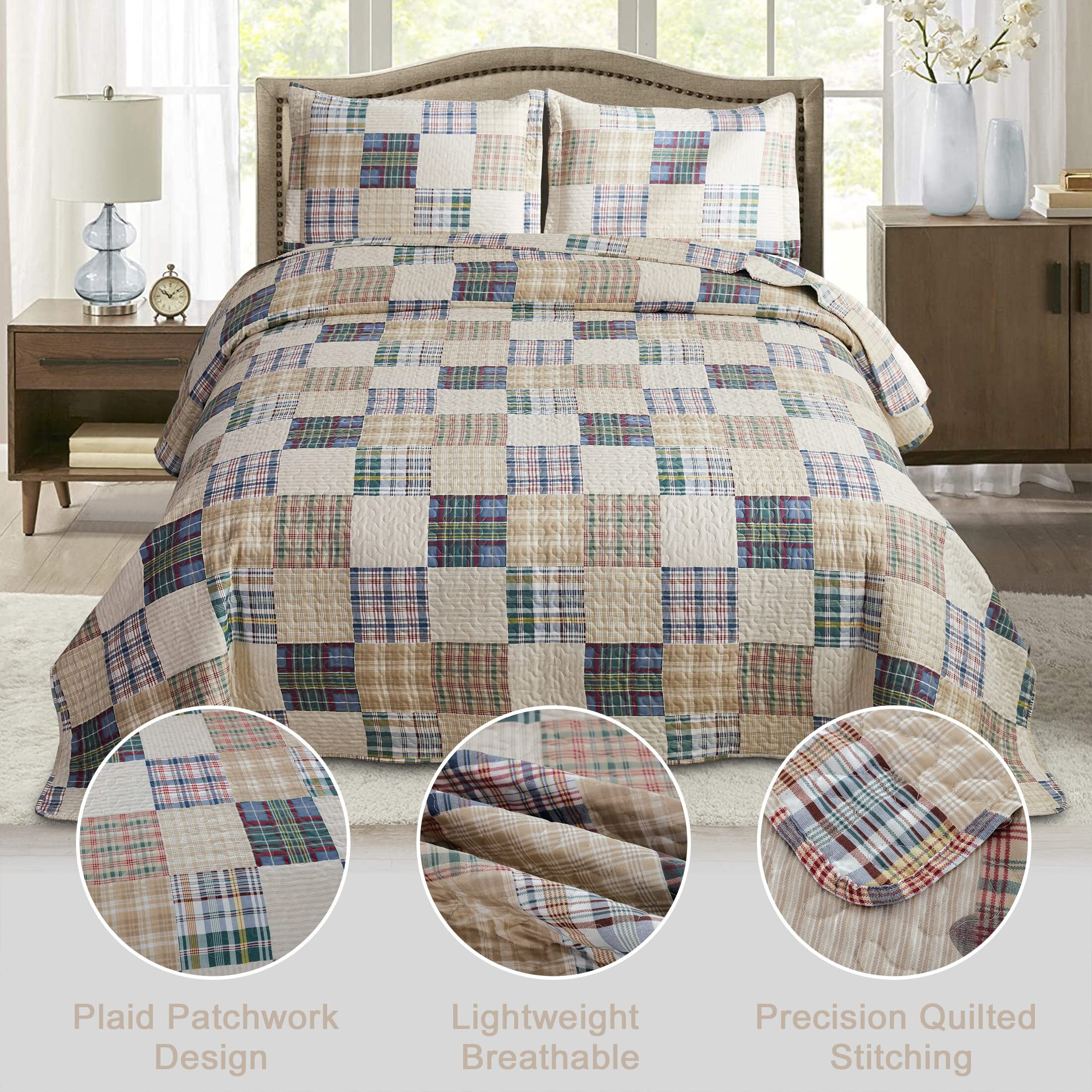 Quilt Set Queen Size Plaid Bedspread Coverlet Queen Quilts Patchwork Bedding Mens Plaid Collection Quilt Bedspread Lightweight Reversible Quilt Bedding Set Queen Bedspread With Pillow Shams,Beige