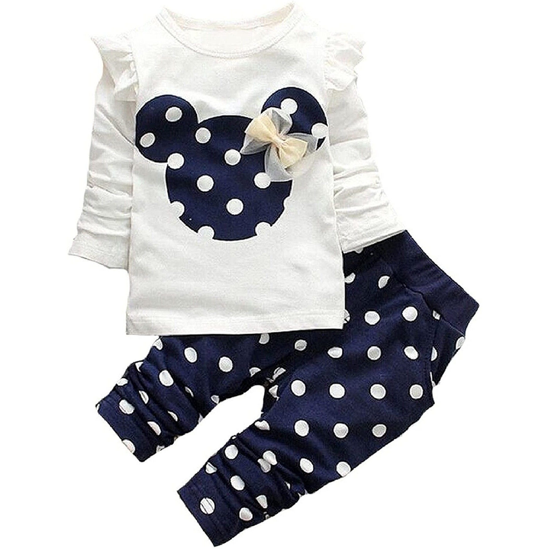 Cute Toddler Baby Girls Clothes Set Long Sleeve T-Shirt And Pants Kids 2Pcs Outfits(White+Navy,2T)