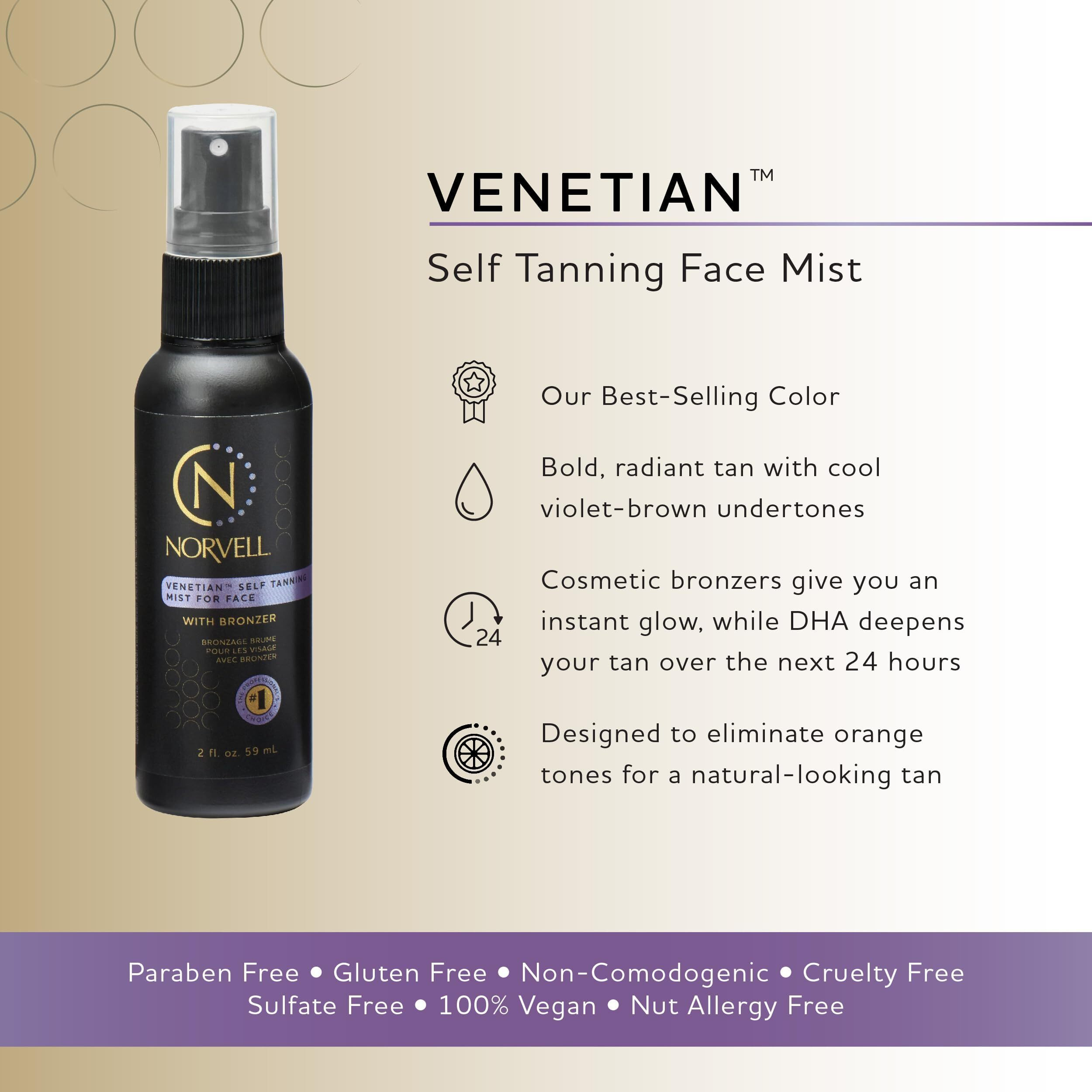 Norvell Venetian Sunless Self Tanning Mist For Face - Non Comedogenic Facial Bronzing Tanner Spray For Natural Sun-Kissed Glow, 2 Fl.Oz.