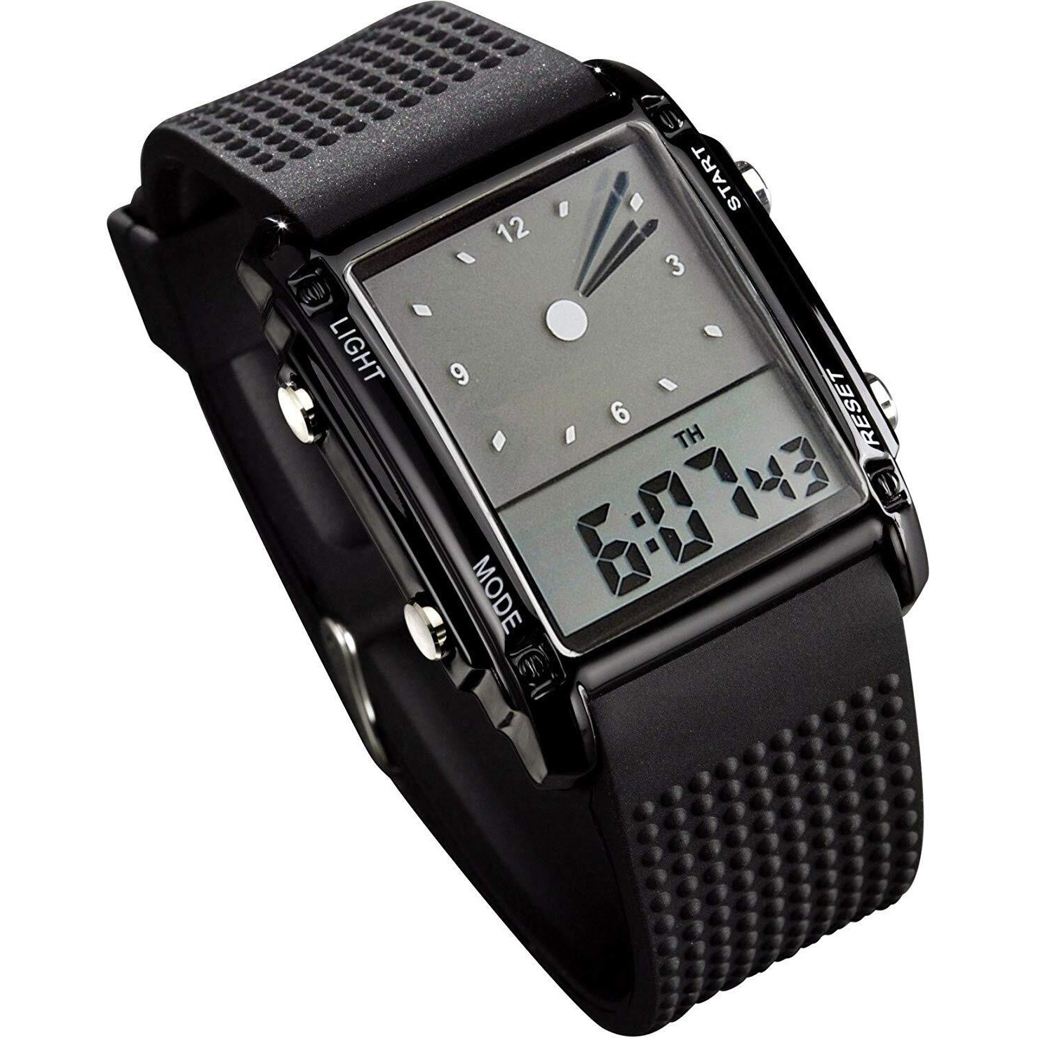 Fanmis Men's Rectangle Dial Sports Wrist Watches With 7 Colors Optional Led Backlight Multifunctional Alarm Stopwatch 12/24H Rubber Strap Watch