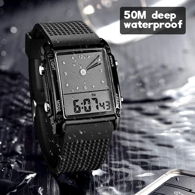 Fanmis Men's Rectangle Dial Sports Wrist Watches With 7 Colors Optional Led Backlight Multifunctional Alarm Stopwatch 12/24H Rubber Strap Watch