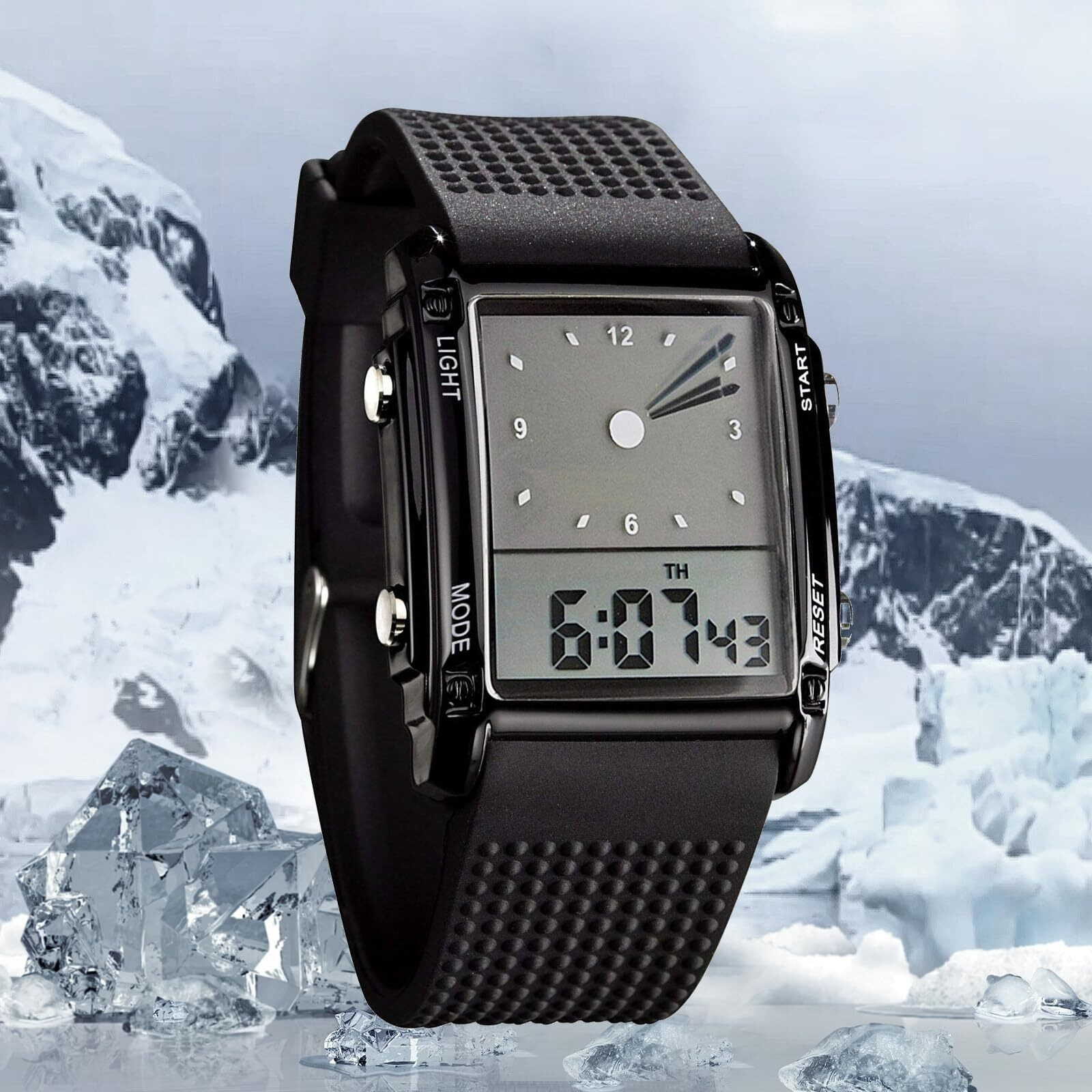 Fanmis Men's Rectangle Dial Sports Wrist Watches With 7 Colors Optional Led Backlight Multifunctional Alarm Stopwatch 12/24H Rubber Strap Watch