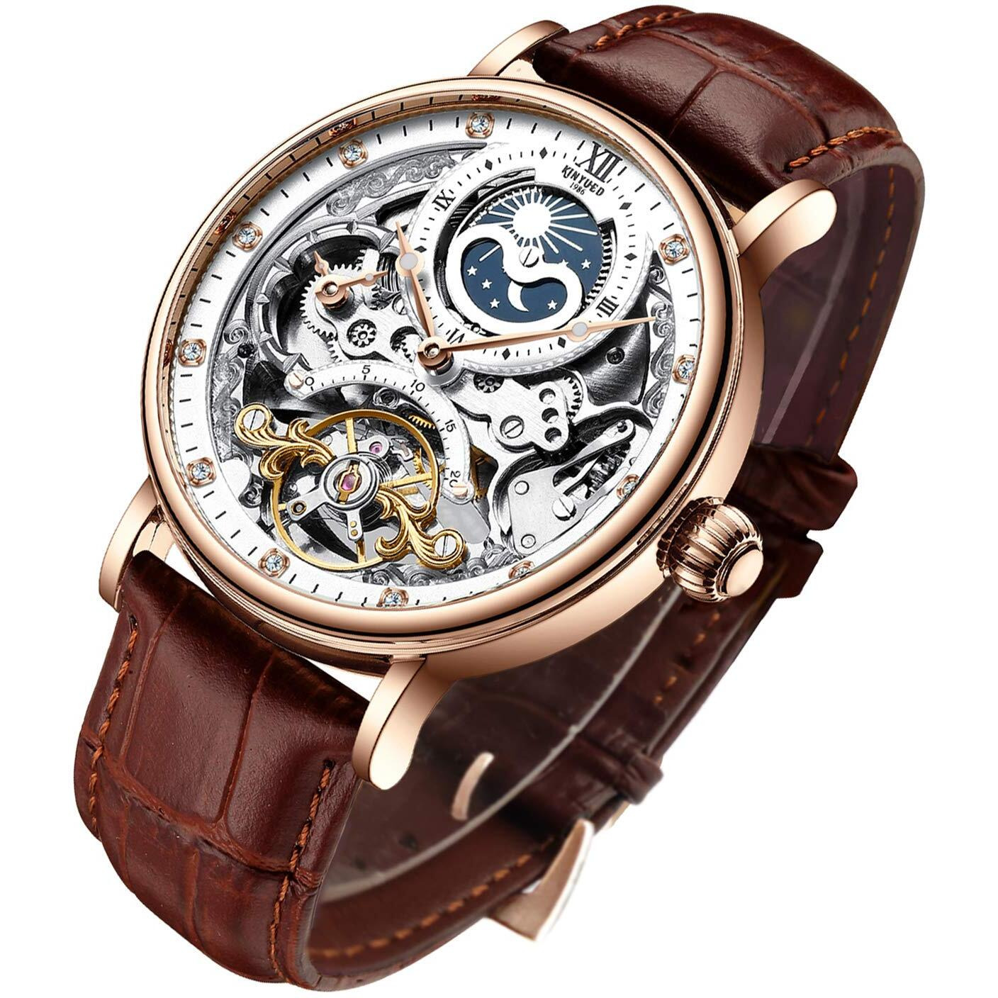 Ik Colouring Mens Luxury Skeleton Automatic Mechanical Wrist Watches Leather Moon Phrase Luminous Hands Self-Wind Watch