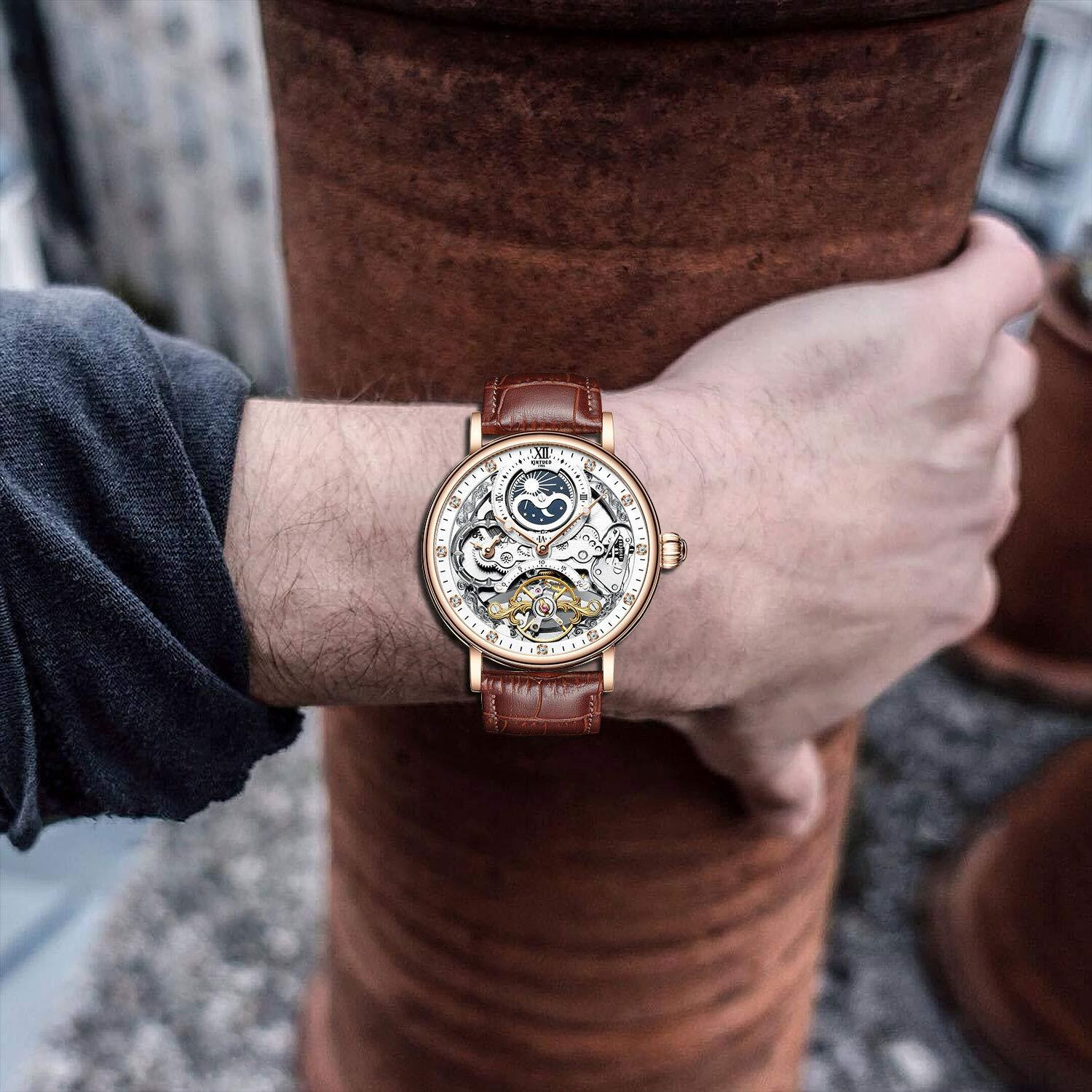 Ik Colouring Mens Luxury Skeleton Automatic Mechanical Wrist Watches Leather Moon Phrase Luminous Hands Self-Wind Watch