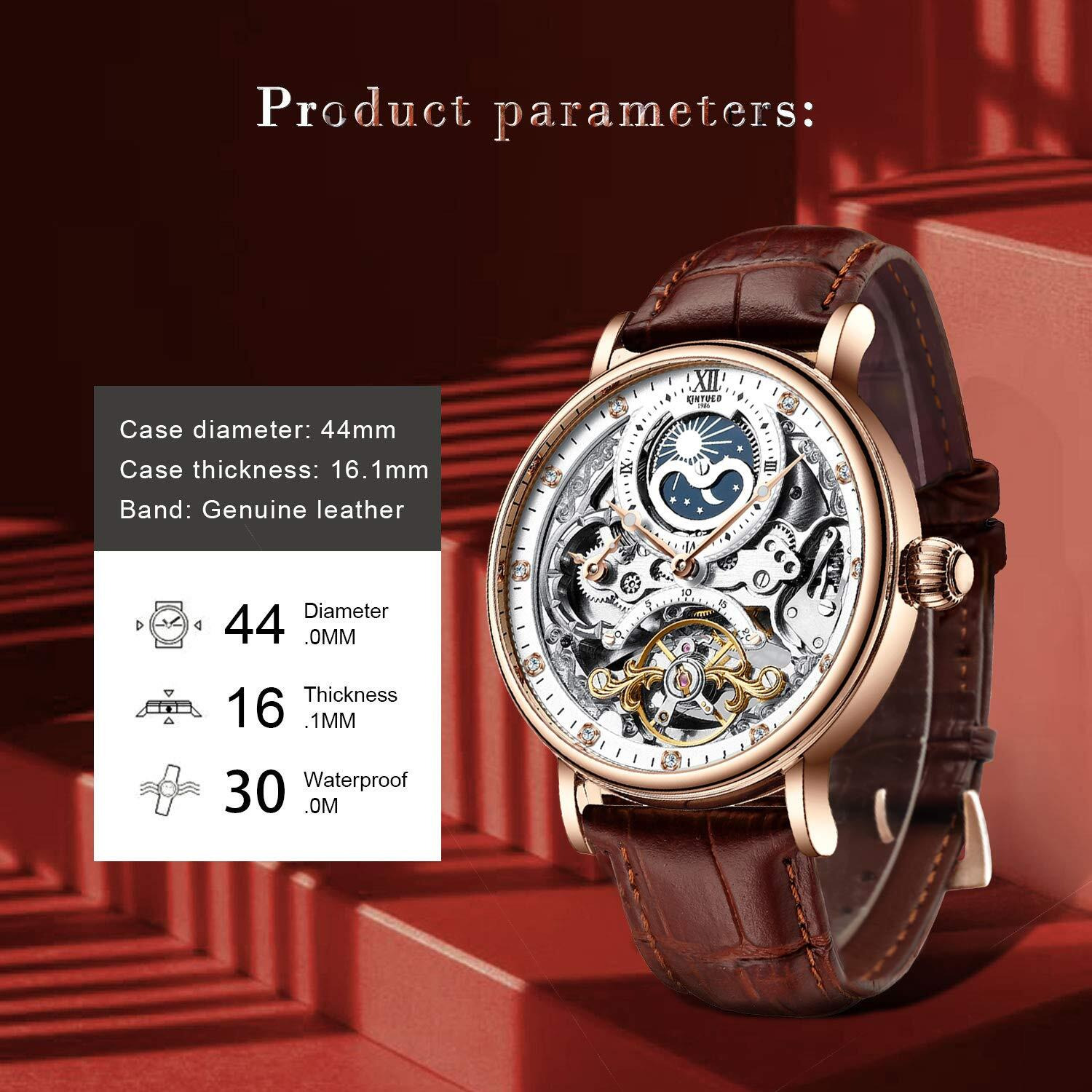 Ik Colouring Mens Luxury Skeleton Automatic Mechanical Wrist Watches Leather Moon Phrase Luminous Hands Self-Wind Watch