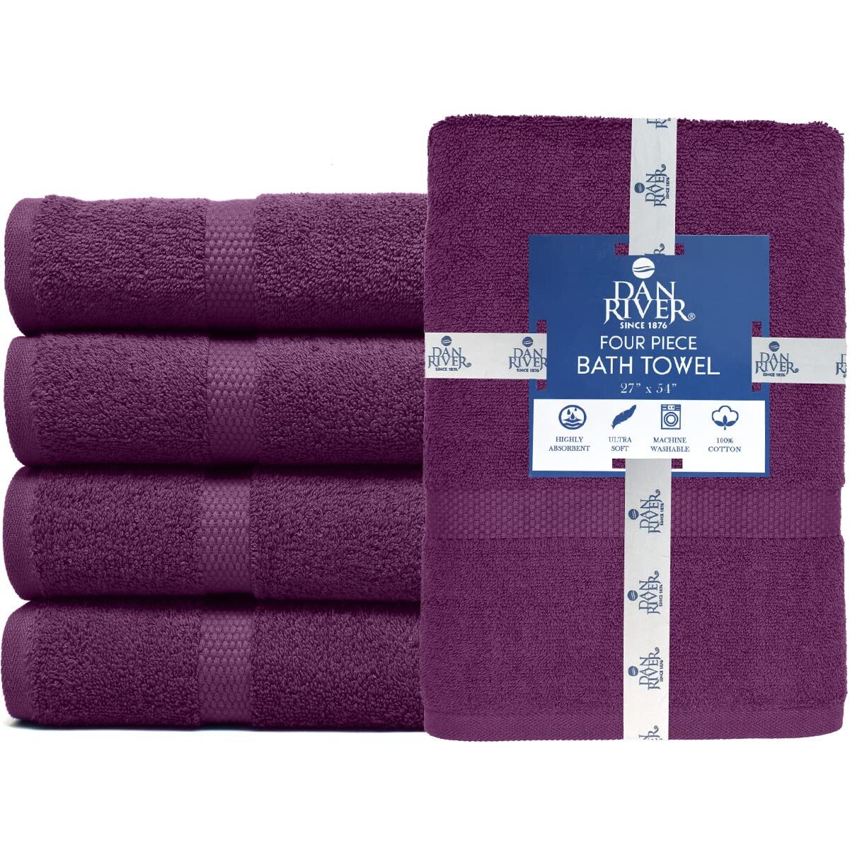 Dan River 100% Luxurious Cotton Bath Towels Set - Premium Quality Pack Of 4 - Ultimate Comfort And Absorbency For Bathroom, Home & Spa (27X54 In) - Purple Passion