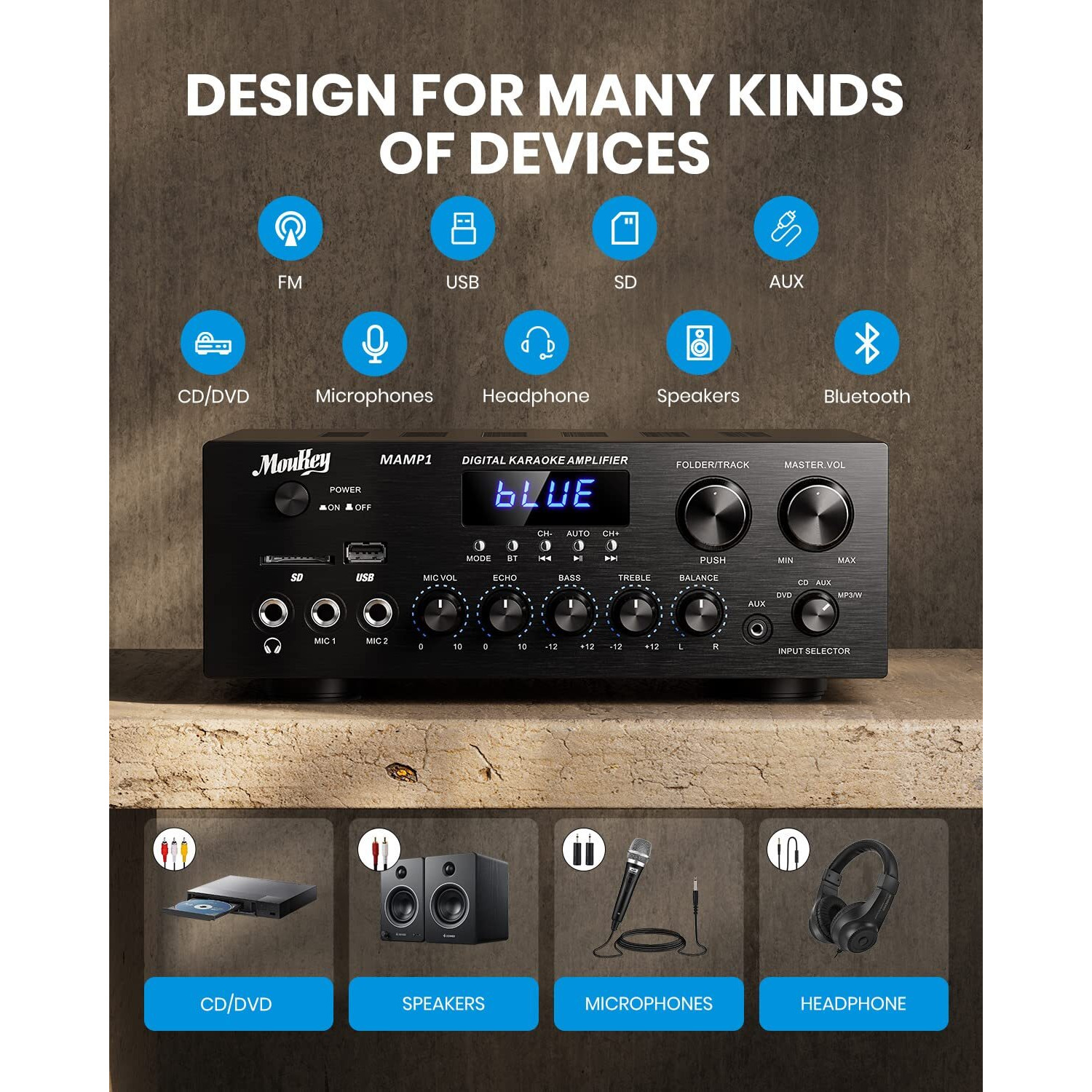 Moukey Home Audio Amplifier Stereo Receivers With Bluetooth 5.0, 400W 2.0 Channel Power Amplifier Stereo System W/Usb, Sd, Aux, Rca, Mic In W/Echo, Led For Karaoke, Home Theater Speakers - Mamp1