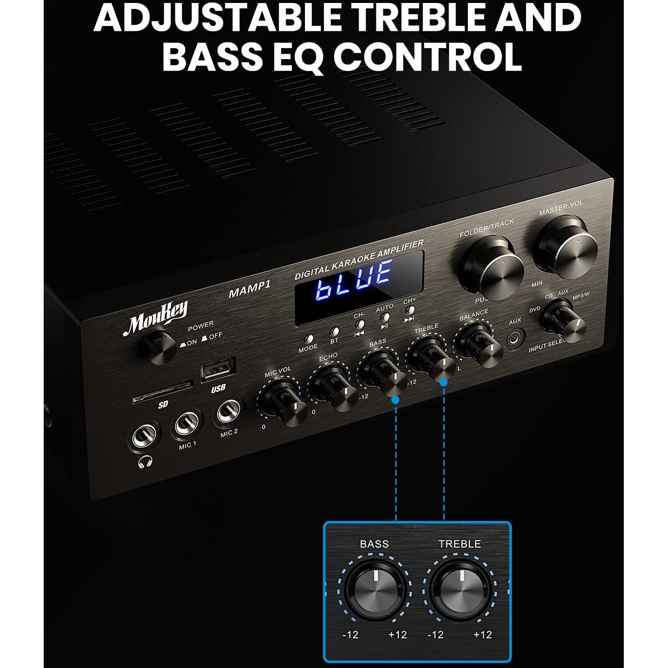 Moukey Home Audio Amplifier Stereo Receivers With Bluetooth 5.0, 400W 2.0 Channel Power Amplifier Stereo System W/Usb, Sd, Aux, Rca, Mic In W/Echo, Led For Karaoke, Home Theater Speakers - Mamp1