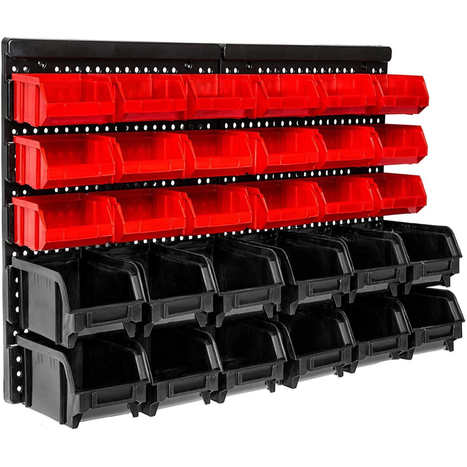 Wision Wall Mounted Storage Bins, 30 Wall Mount Tool Organizer Bins Plastic Parts Rack Container, Easy Access Compartments For Tools, Hardware, Crafts, Office Supplies And More, Blackred