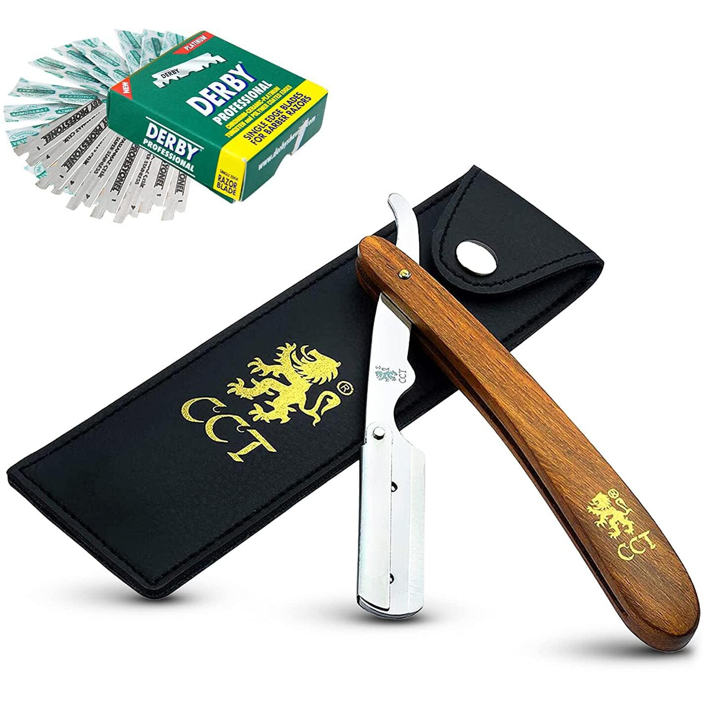 The Cambridge Cutthroat Cut Throat Razor Kit Missanda Hardwood & Stainless Steel Professional Barber Razor, Premium Single Blade Straight Edge Razor, Moustache & Beard Shaper, Travel Pouch Included