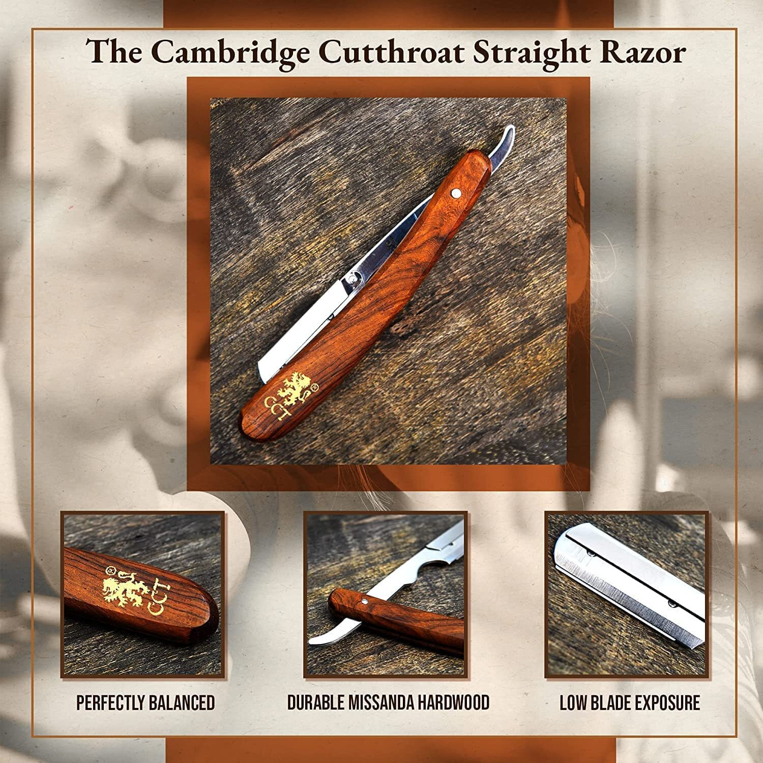 The Cambridge Cutthroat Cut Throat Razor Kit Missanda Hardwood & Stainless Steel Professional Barber Razor, Premium Single Blade Straight Edge Razor, Moustache & Beard Shaper, Travel Pouch Included