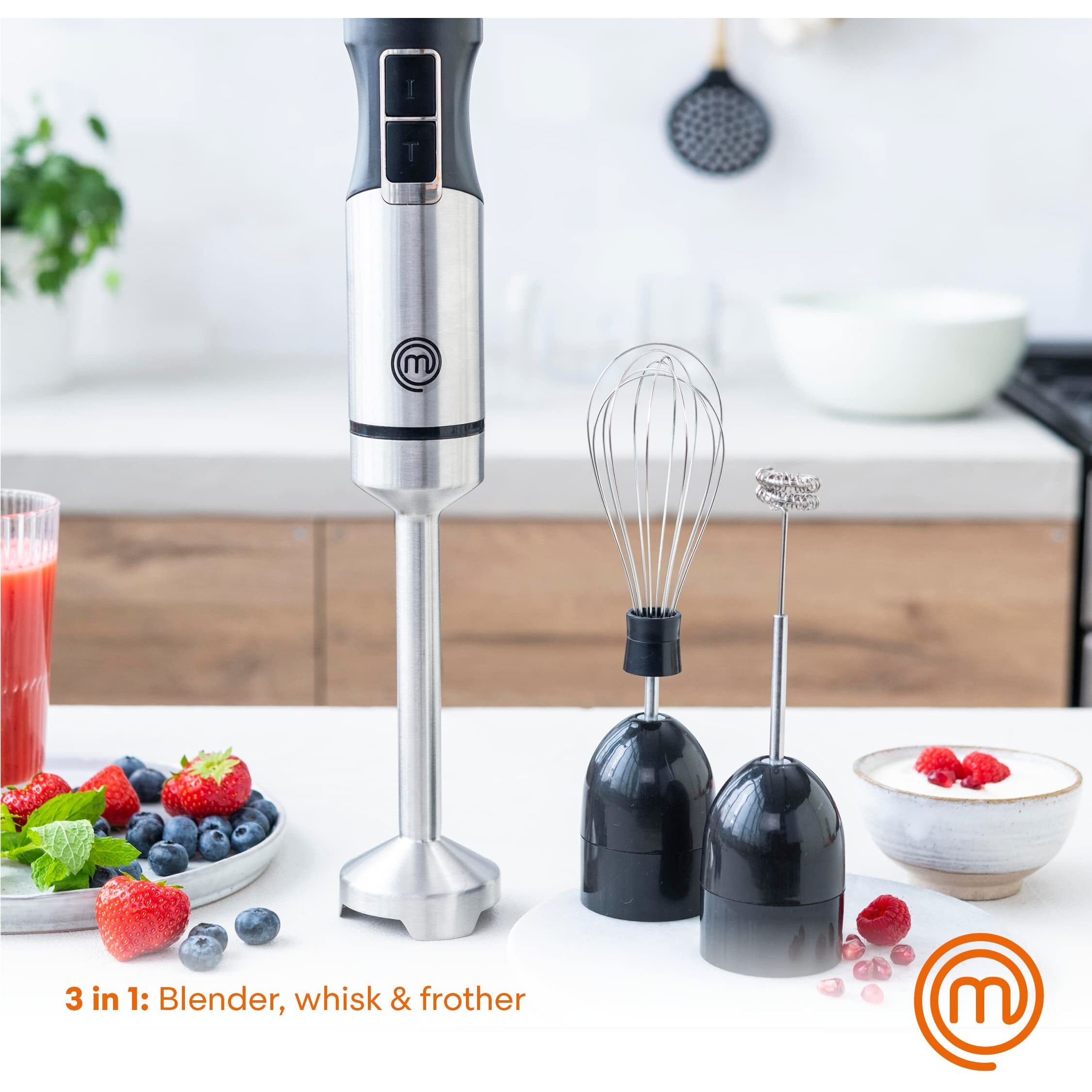 Masterchef Immersion Blender Handheld With Electric Whisk & Milk Frother Attachments, Hand Held Stainless Steel Stick Emulsifier For Making Baby Food, Soup, Puree, Cake, Cappuccino, Latte Etc, 400W