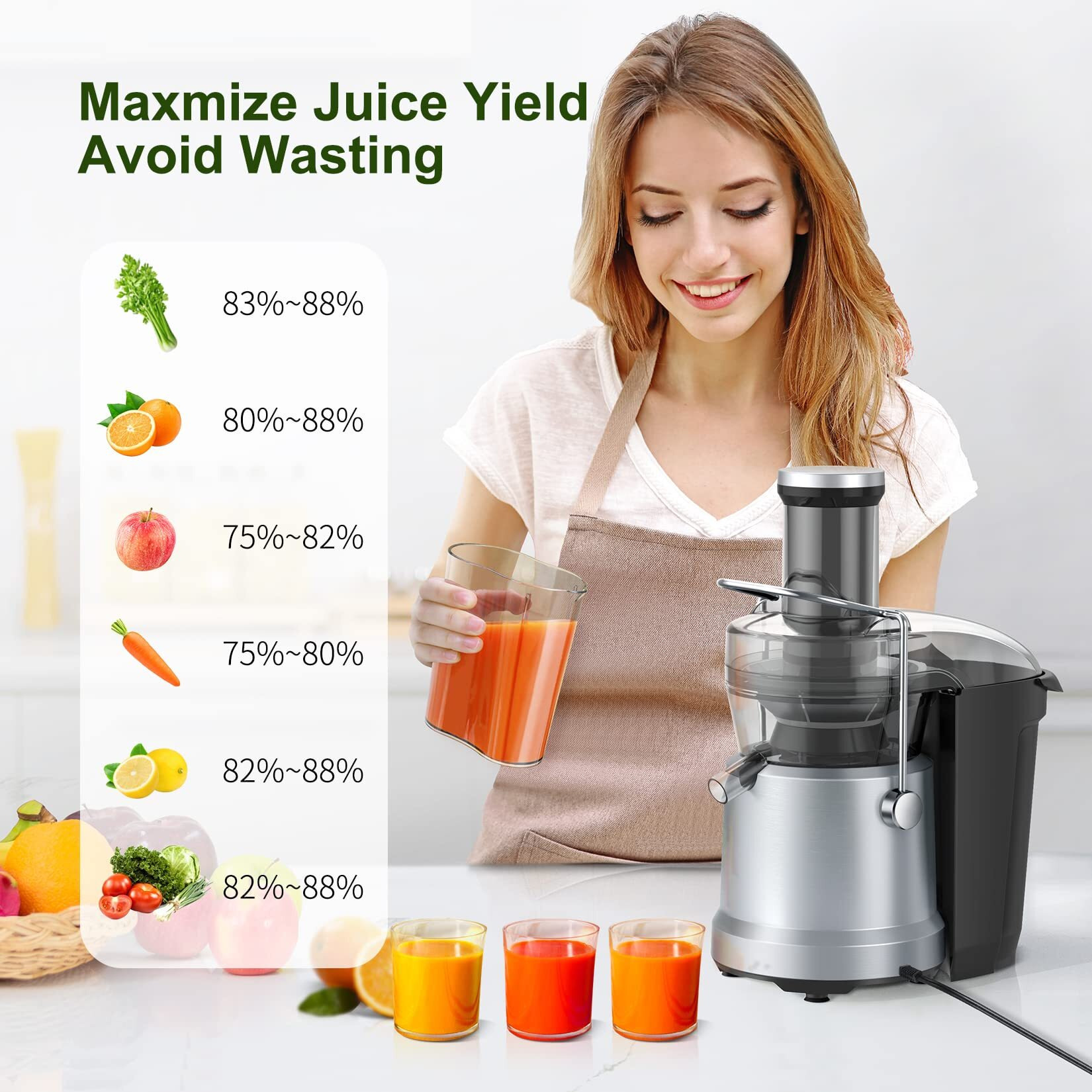 Acezoe Juicer Machines 1300W Juicer Vegetable And Fruit, Power Juicers Extractor With 3"" Feed Chute, Centrifugal Juicer With High Juice Yield, Easy To Clean&Bpa-Free, Dishwasher Safe-Silver