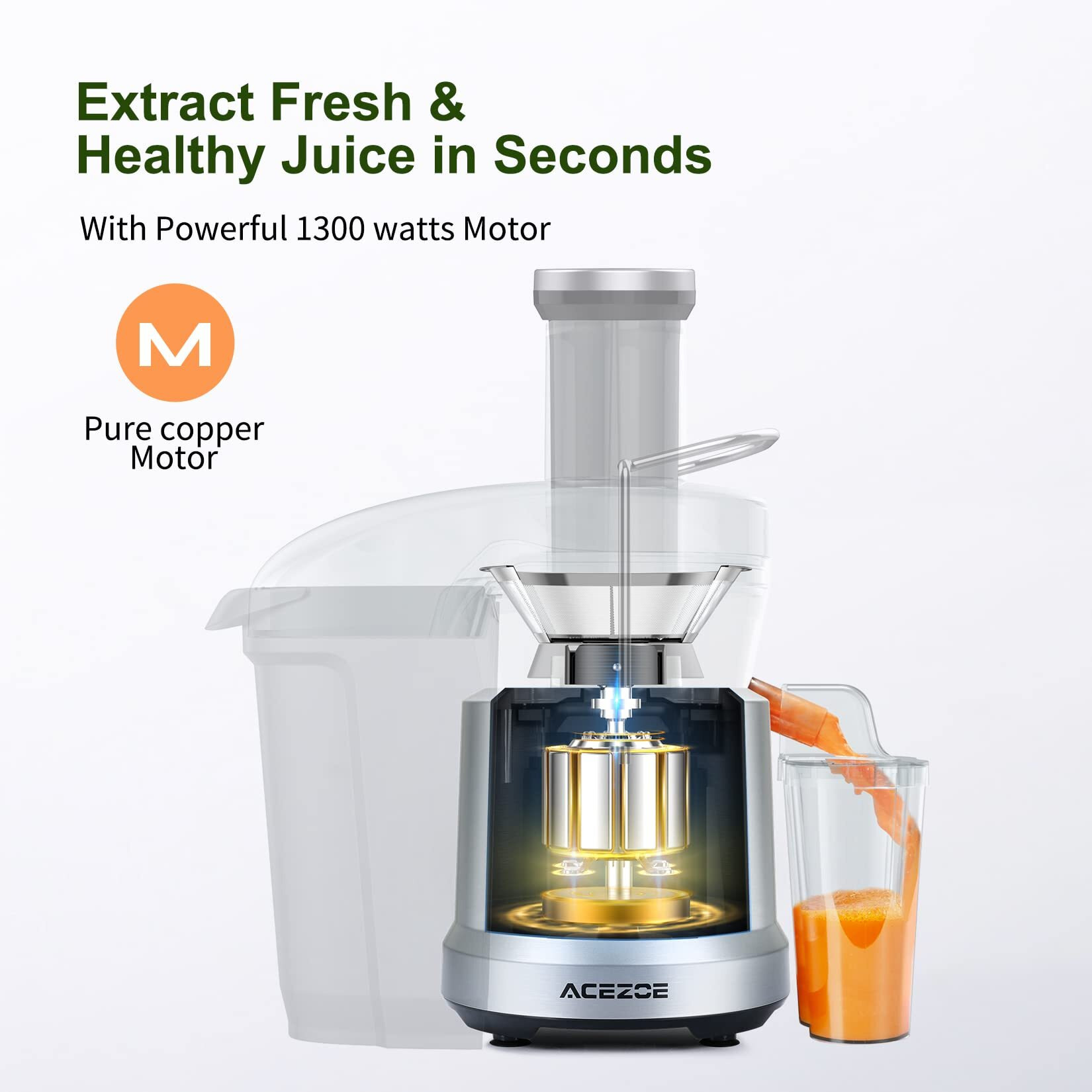 Acezoe Juicer Machines 1300W Juicer Vegetable And Fruit, Power Juicers Extractor With 3"" Feed Chute, Centrifugal Juicer With High Juice Yield, Easy To Clean&Bpa-Free, Dishwasher Safe-Silver