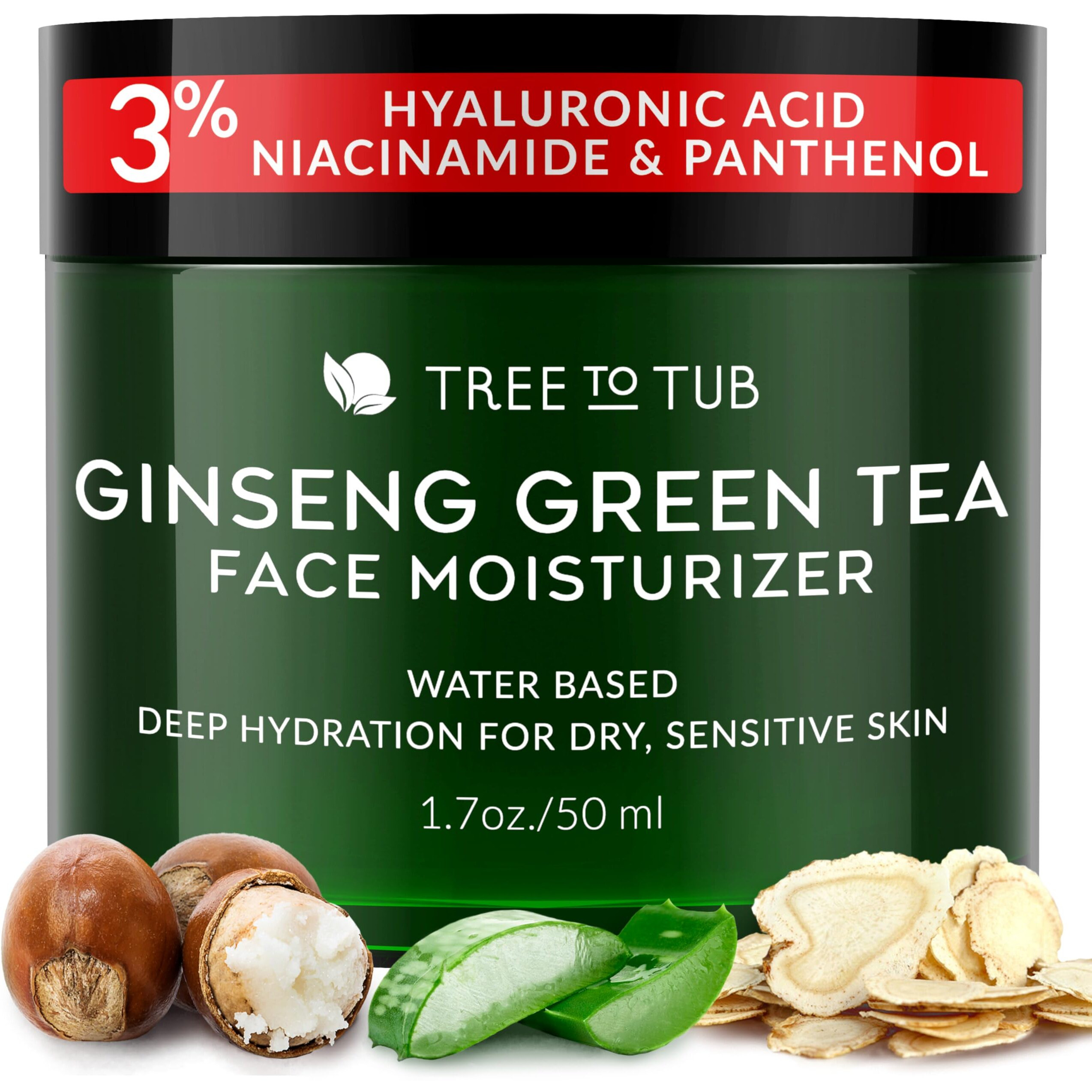 Tree To Tub Hydrating Face Moisturizer For Dry & Sensitive Skin - Water Based Hyaluronic Acid Facial Moisturizer, Moisturizing Face Cream For Women & Men W/Organic Aloe, Green Tea, Natural Ginseng