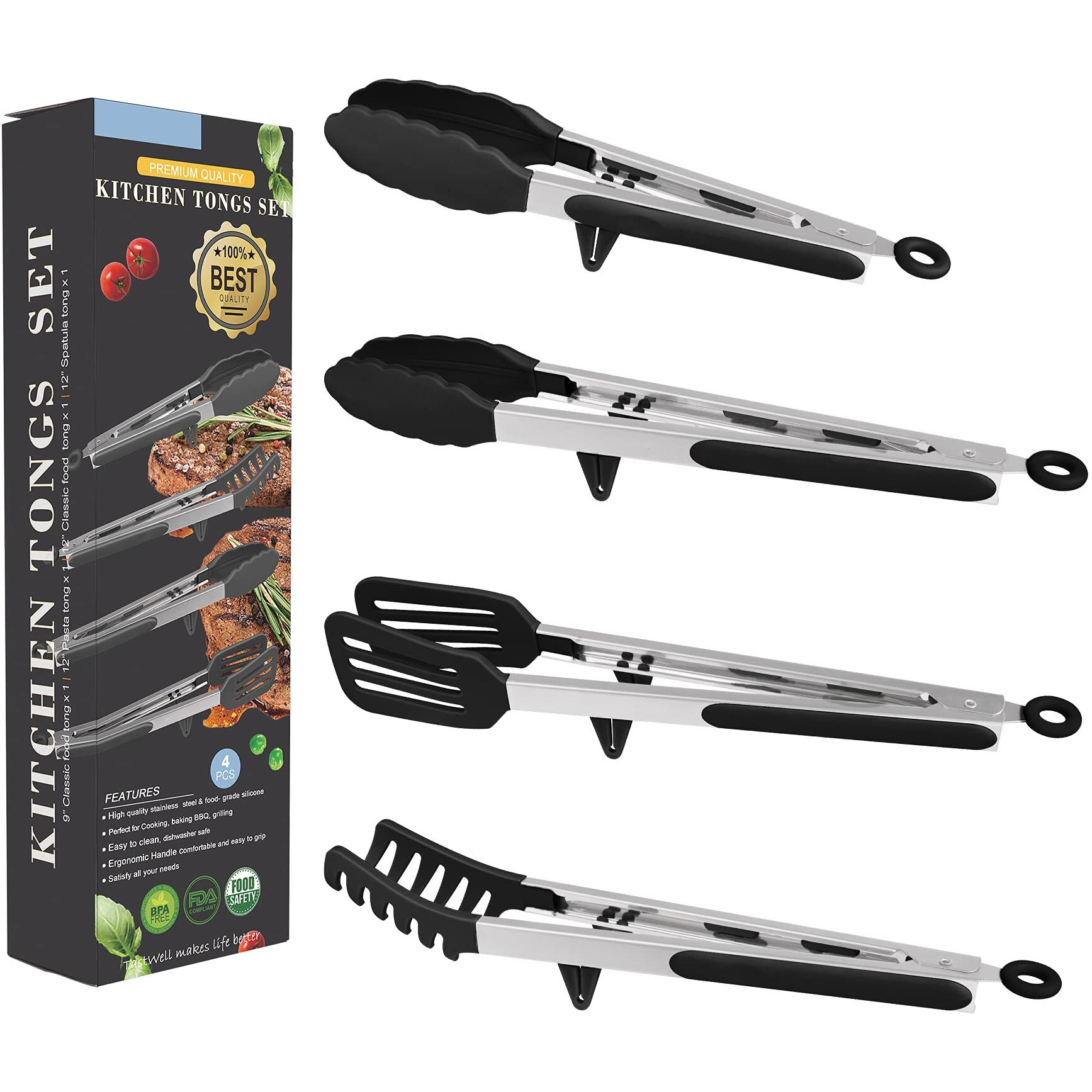 4In1 Stainless Steel Kitchen Food Tongs Set For Cooking With Silicone Tips, Toaster Steak Pie Pizza Pasta Spaghetti Noodles Salad Fruit Vegetable Grill Bbq Buffet Clamp Serving Tools Gadgets