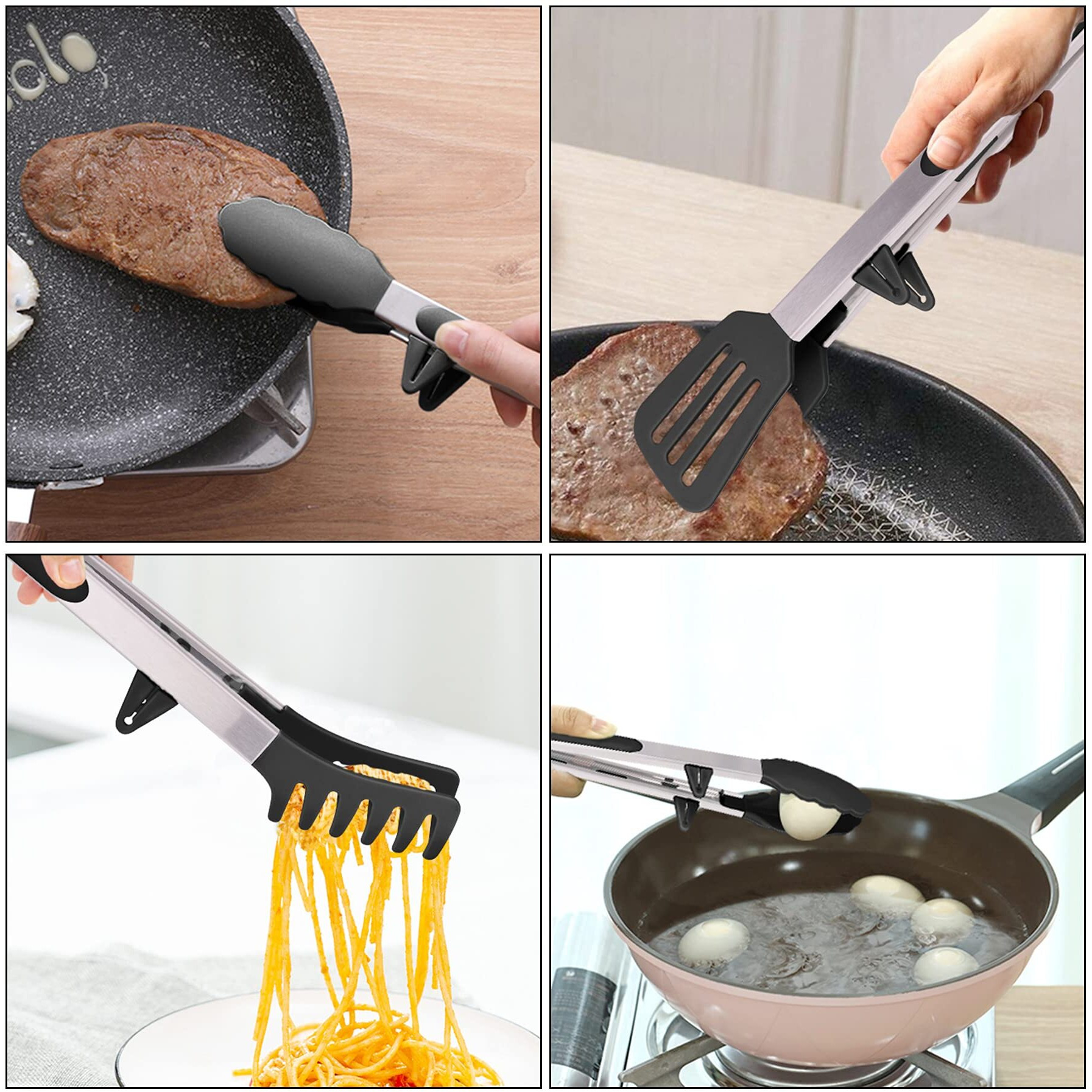 4In1 Stainless Steel Kitchen Food Tongs Set For Cooking With Silicone Tips, Toaster Steak Pie Pizza Pasta Spaghetti Noodles Salad Fruit Vegetable Grill Bbq Buffet Clamp Serving Tools Gadgets