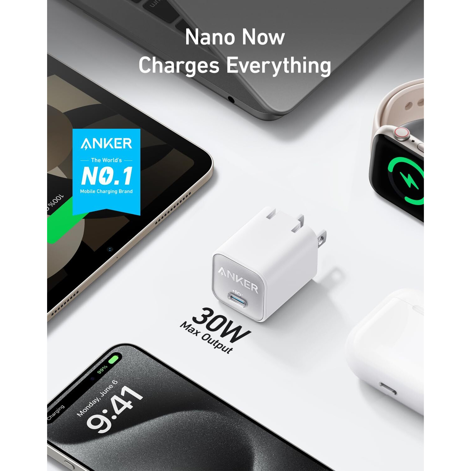 Anker Nano Charger, Usb C Gan Charger 30W, Piq 3.0 Foldable Pps Fast Charger For Iphone 16 / 15 And More Series, Galaxy, Ipad, Compatible With Magsafe
