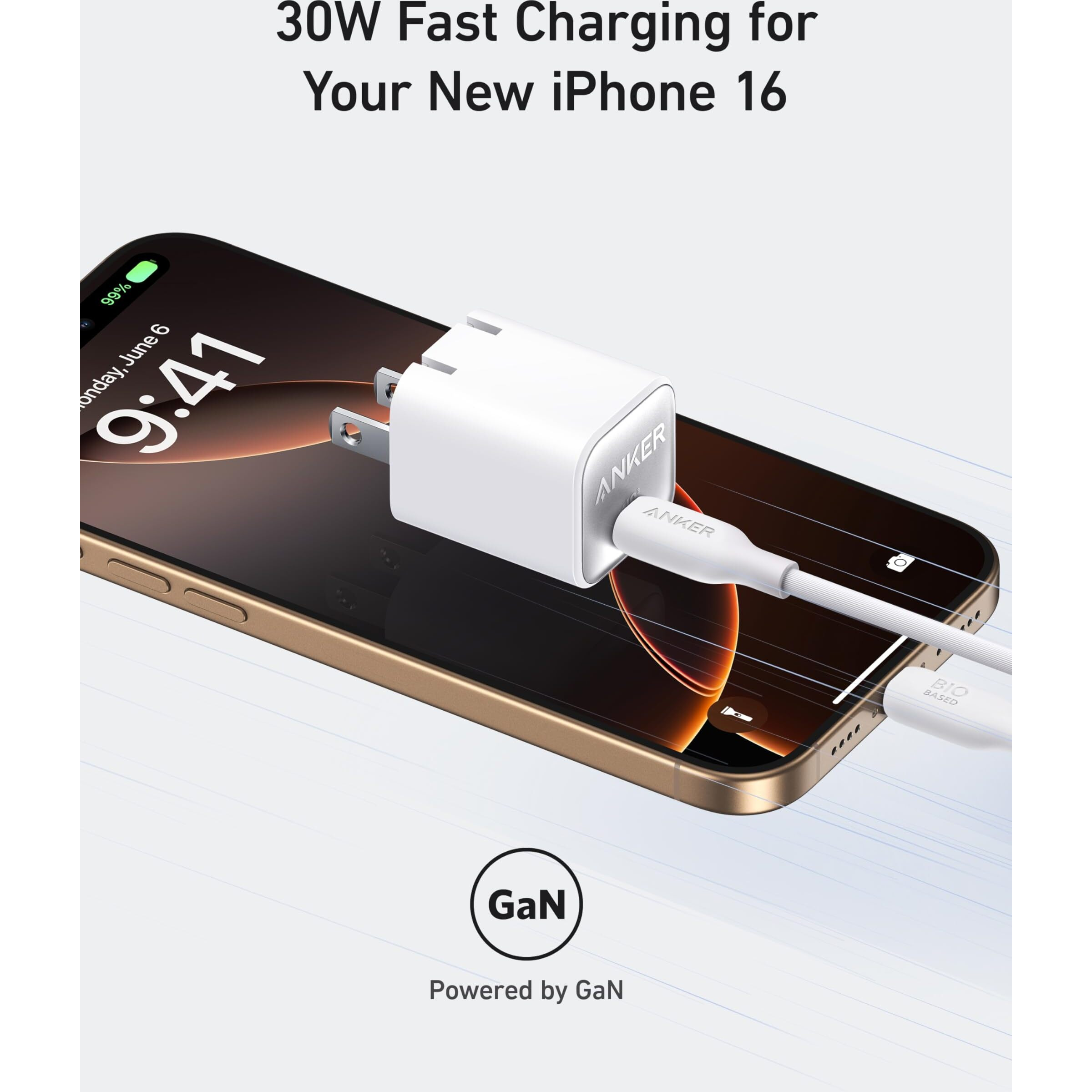 Anker Nano Charger, Usb C Gan Charger 30W, Piq 3.0 Foldable Pps Fast Charger For Iphone 16 / 15 And More Series, Galaxy, Ipad, Compatible With Magsafe