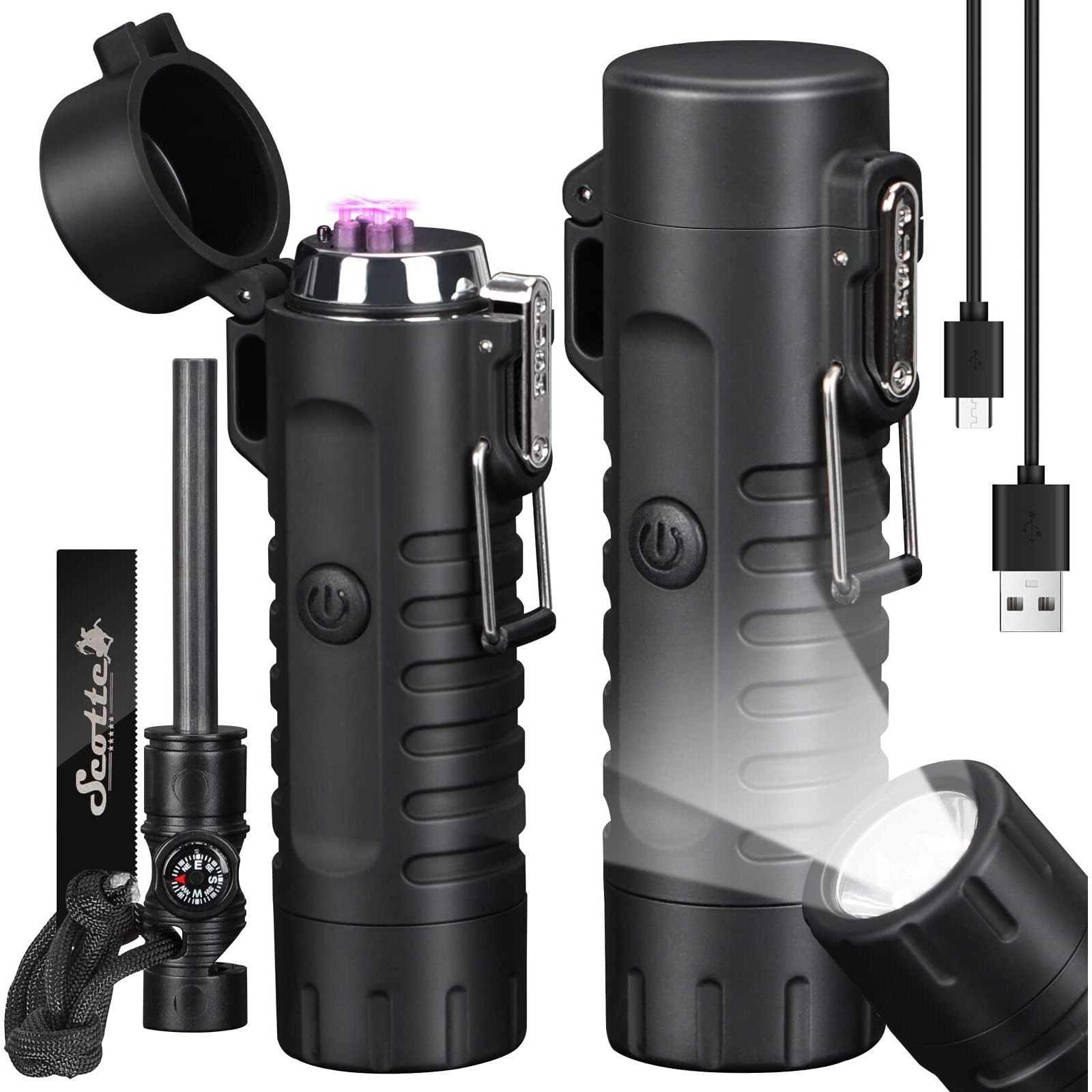 Scotte Plasma Windproof Arc Lighter Electric Lighter And Led Flashlight - 2 In 1 (Black)/5-In-1 Magnesium Fire Starter For Emergency Survival Kits, Camping, Hiking, All-Weather Magnesium Ferro Rod