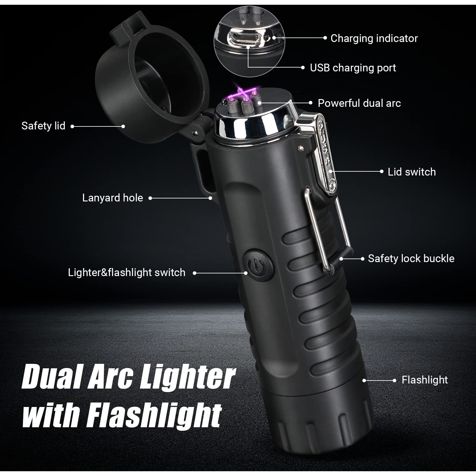 Scotte Plasma Windproof Arc Lighter Electric Lighter And Led Flashlight - 2 In 1 (Black)/5-In-1 Magnesium Fire Starter For Emergency Survival Kits, Camping, Hiking, All-Weather Magnesium Ferro Rod