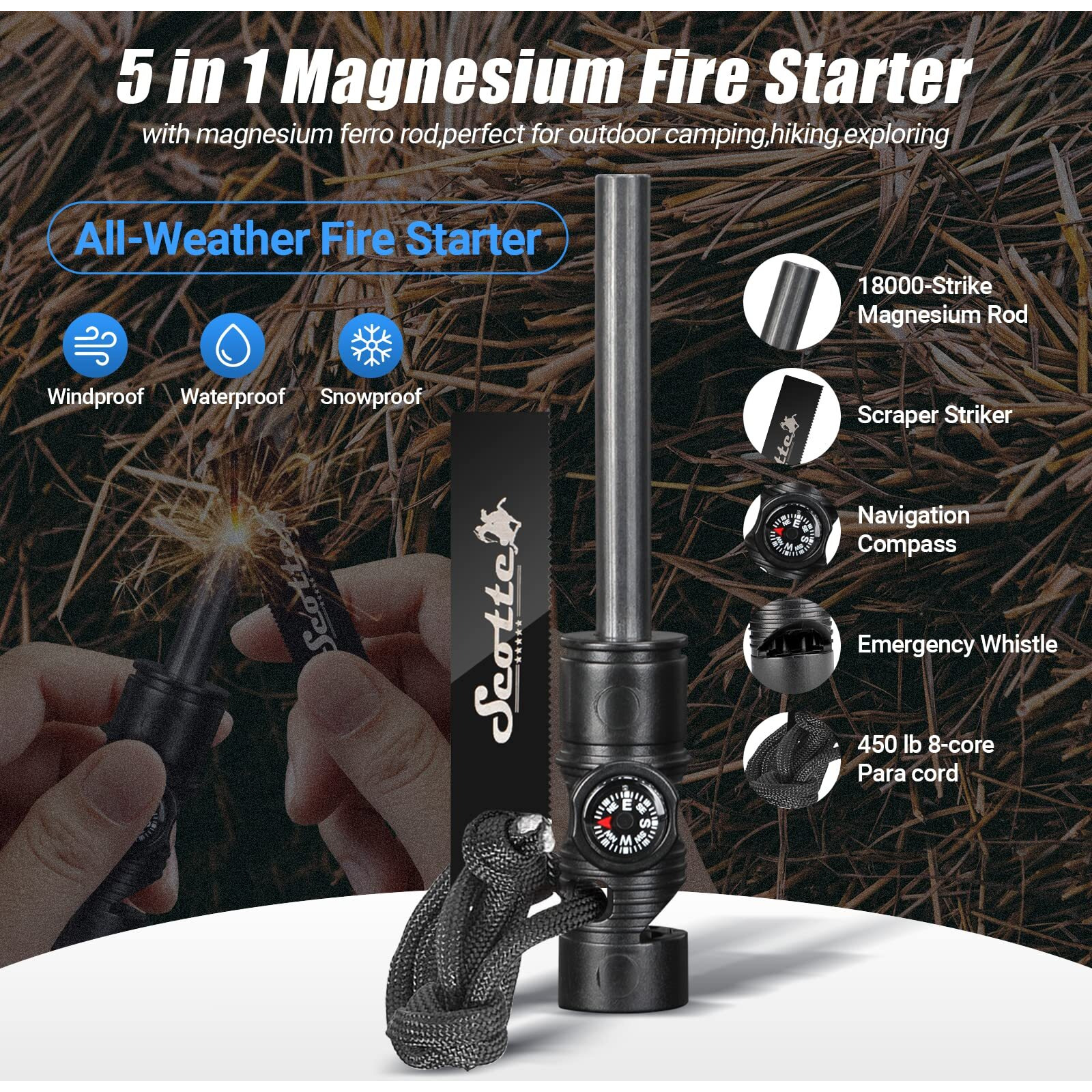 Scotte Plasma Windproof Arc Lighter Electric Lighter And Led Flashlight - 2 In 1 (Black)/5-In-1 Magnesium Fire Starter For Emergency Survival Kits, Camping, Hiking, All-Weather Magnesium Ferro Rod