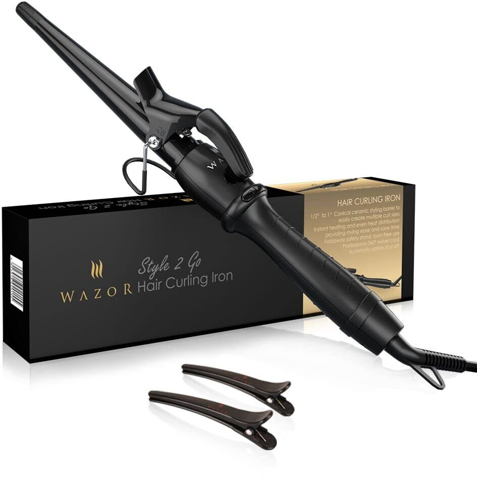 Professional 1-1/2"" Tapered Curling Wand With Short Clamp, Ceramic Curling Iron For Long Lasting Curls Or Waves, Hair Curling Iron Wand With Adjustable Temp, Auto Shut-Off