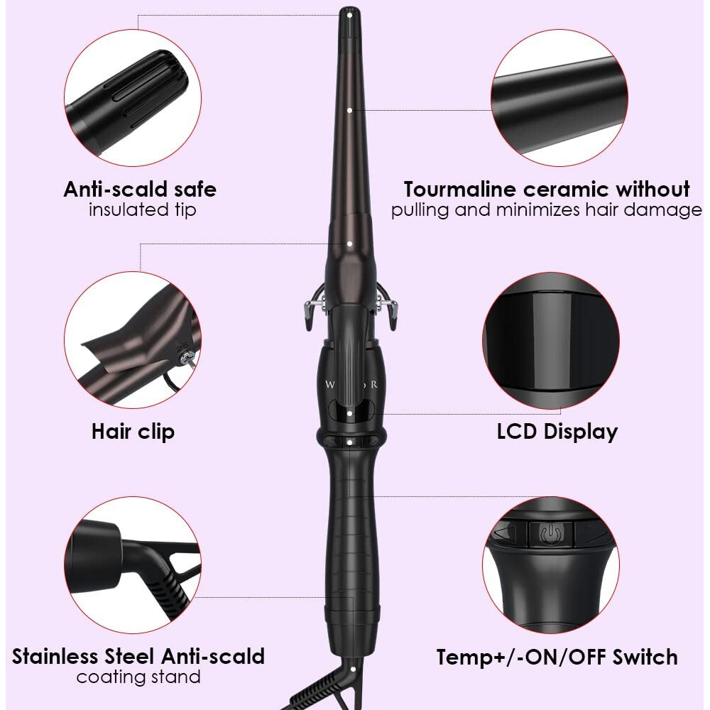 Professional 1-1/2"" Tapered Curling Wand With Short Clamp, Ceramic Curling Iron For Long Lasting Curls Or Waves, Hair Curling Iron Wand With Adjustable Temp, Auto Shut-Off