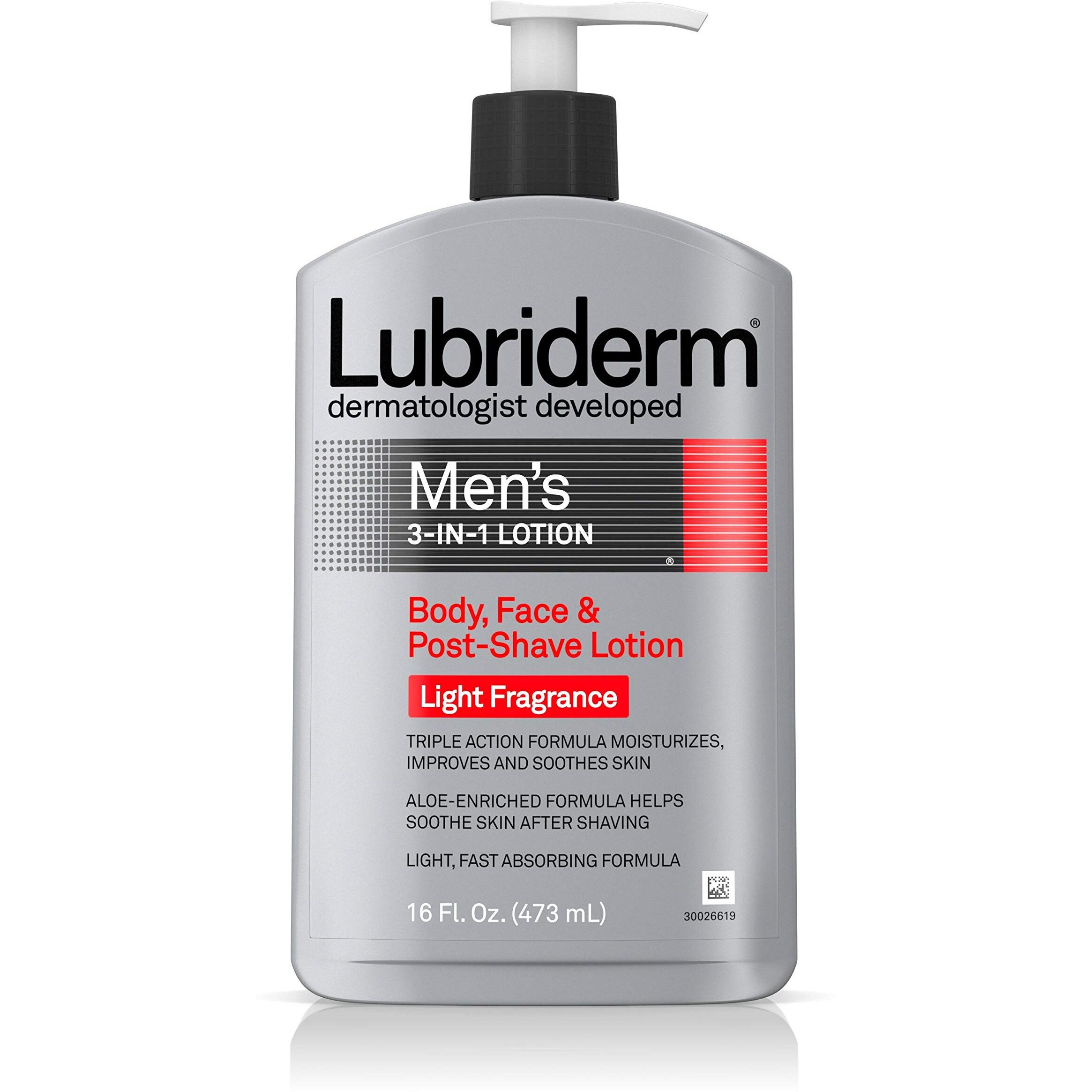 Lubriderm Men's 3-In-1 Lotion Enriched With Soothing Aloe For Body And Face, Non-Greasy Post Shave Moisturizer With Light Fragrance, 16 Fl. Oz