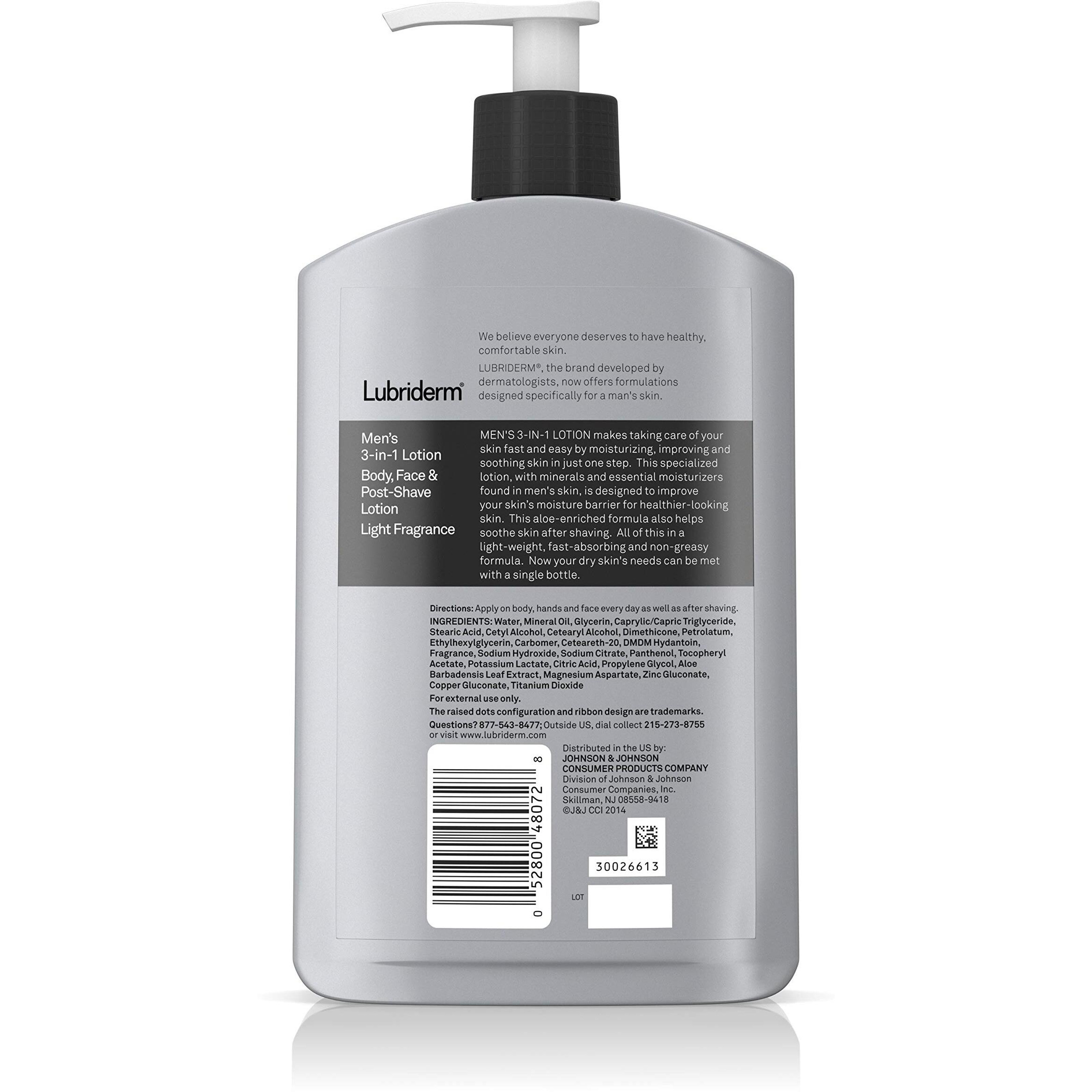 Lubriderm Men's 3-In-1 Lotion Enriched With Soothing Aloe For Body And Face, Non-Greasy Post Shave Moisturizer With Light Fragrance, 16 Fl. Oz