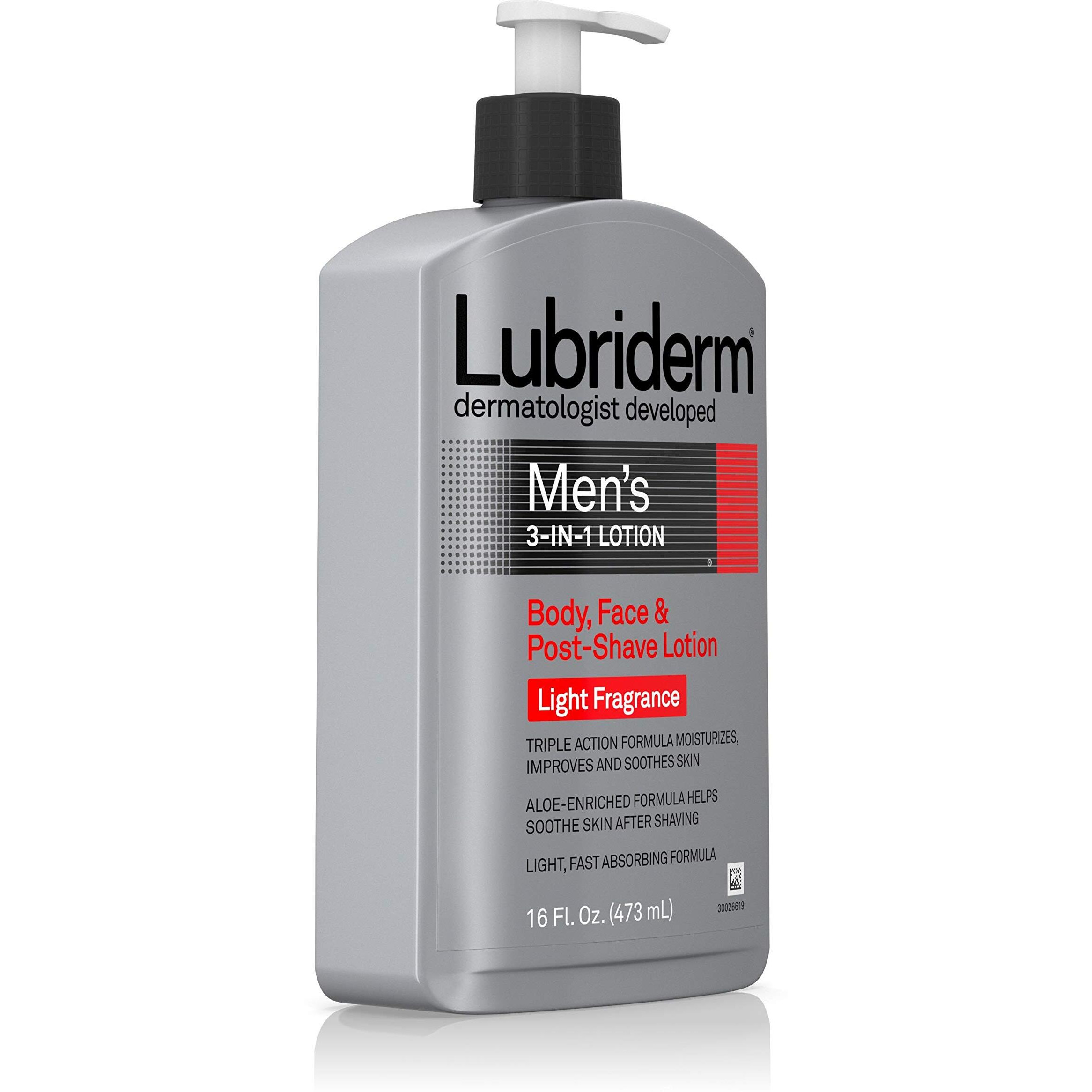 Lubriderm Men's 3-In-1 Lotion Enriched With Soothing Aloe For Body And Face, Non-Greasy Post Shave Moisturizer With Light Fragrance, 16 Fl. Oz