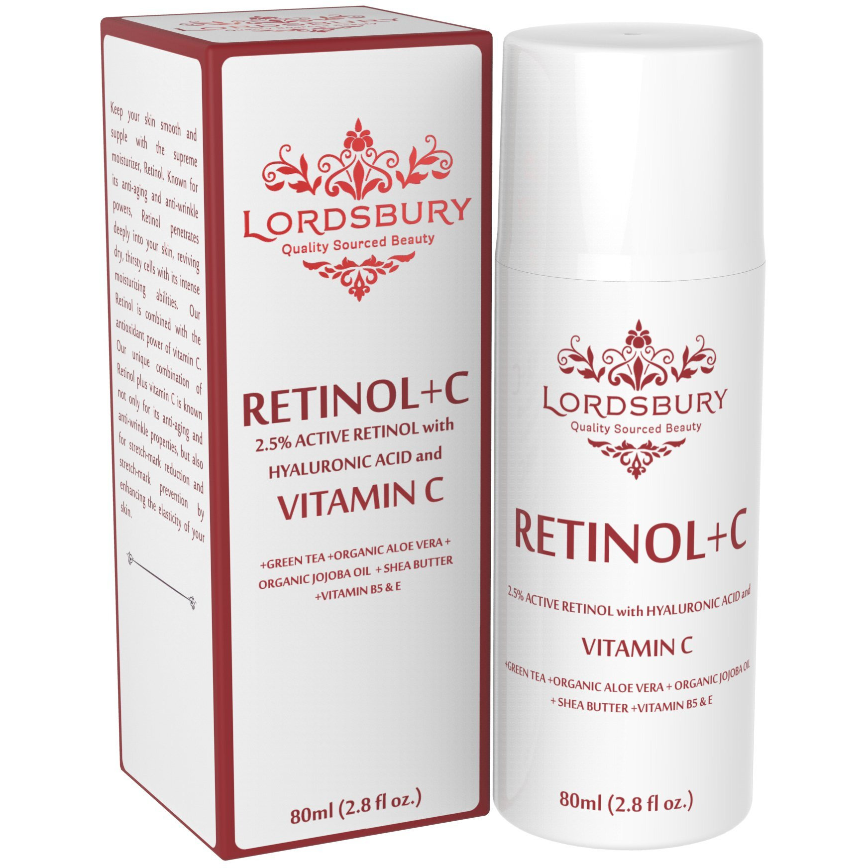 Anti Aging Retinol Cream Moisturizer W Vitamin C And Hyaluronic Acid - Large 2.8 Fl Oz - Pure Retinol 2.5% + Vitamin C + Organic Aloe - Day & Night On Face, Neck, Hands For Wrinkles - Lordsbury