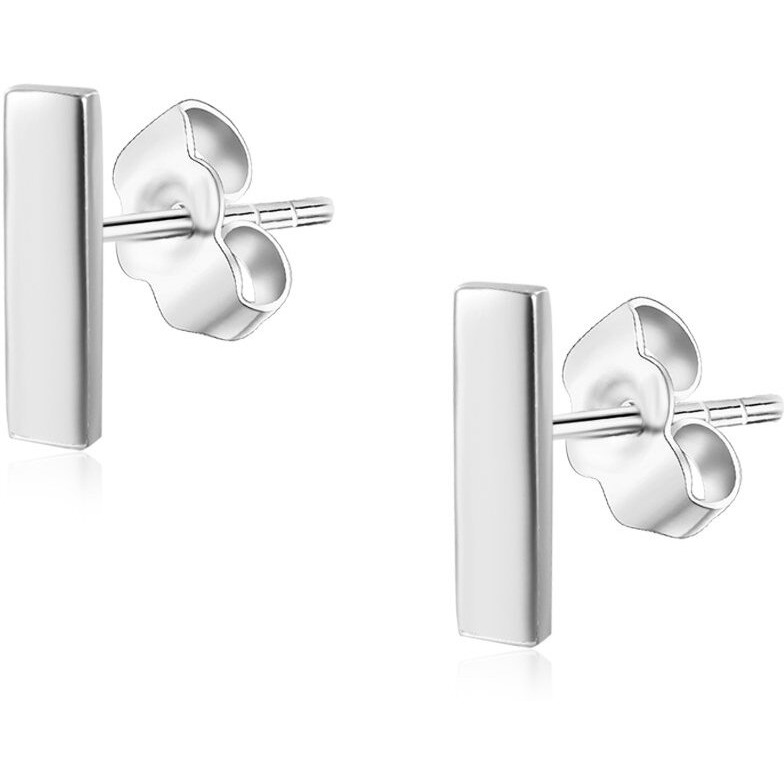 Womens Sterling Silver Tiny Bar Studs Push-Back Earrings In Sterling Silver White Gold Finish