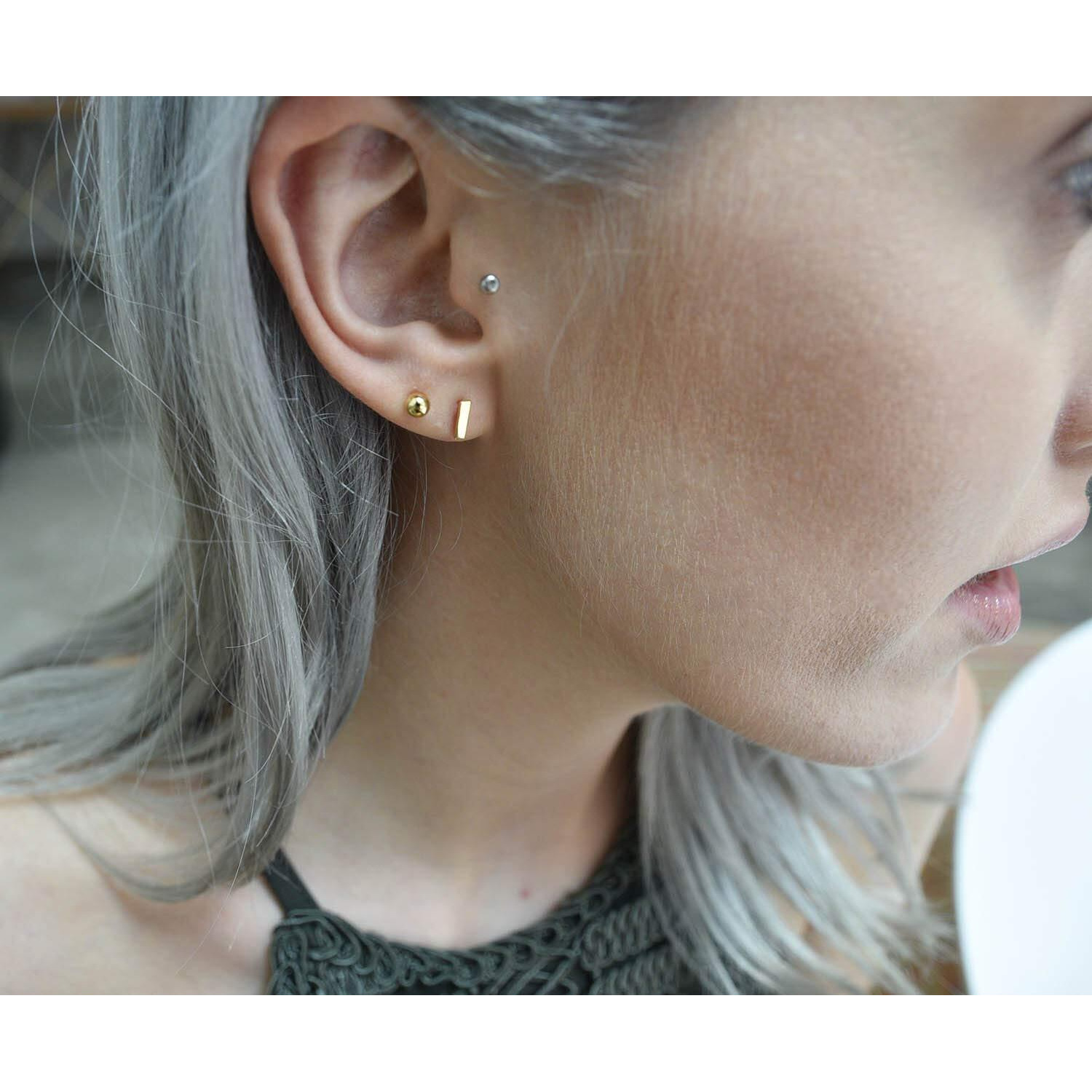 Womens Sterling Silver Tiny Bar Studs Push-Back Earrings In Sterling Silver White Gold Finish