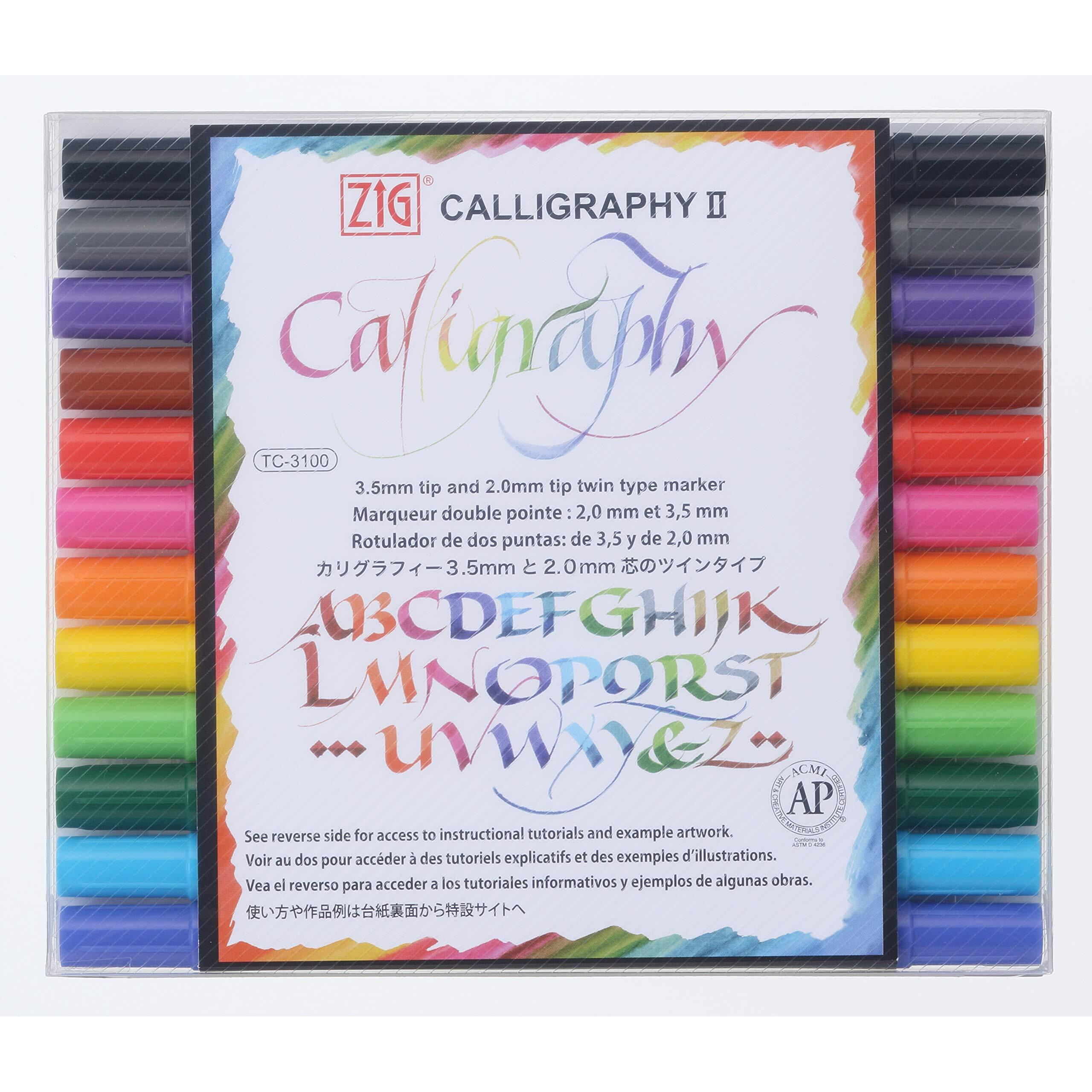 Kuretake Zig Calligraphy Marker Pens, 12 Colors Set, 2Mm & 3.5Mm Dual Tip Markers, For Writing & Hand Lettering, For Professional, Beginner, Water-Based Dye Ink, Made In Japan