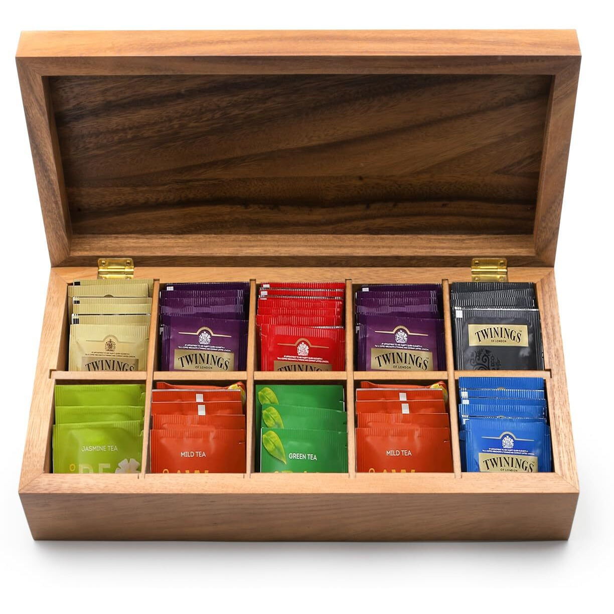 Ironwood Gourmet Rectangular Vauxhall Double Tea Box, Acacia Wood,Brown, 10 Compartment