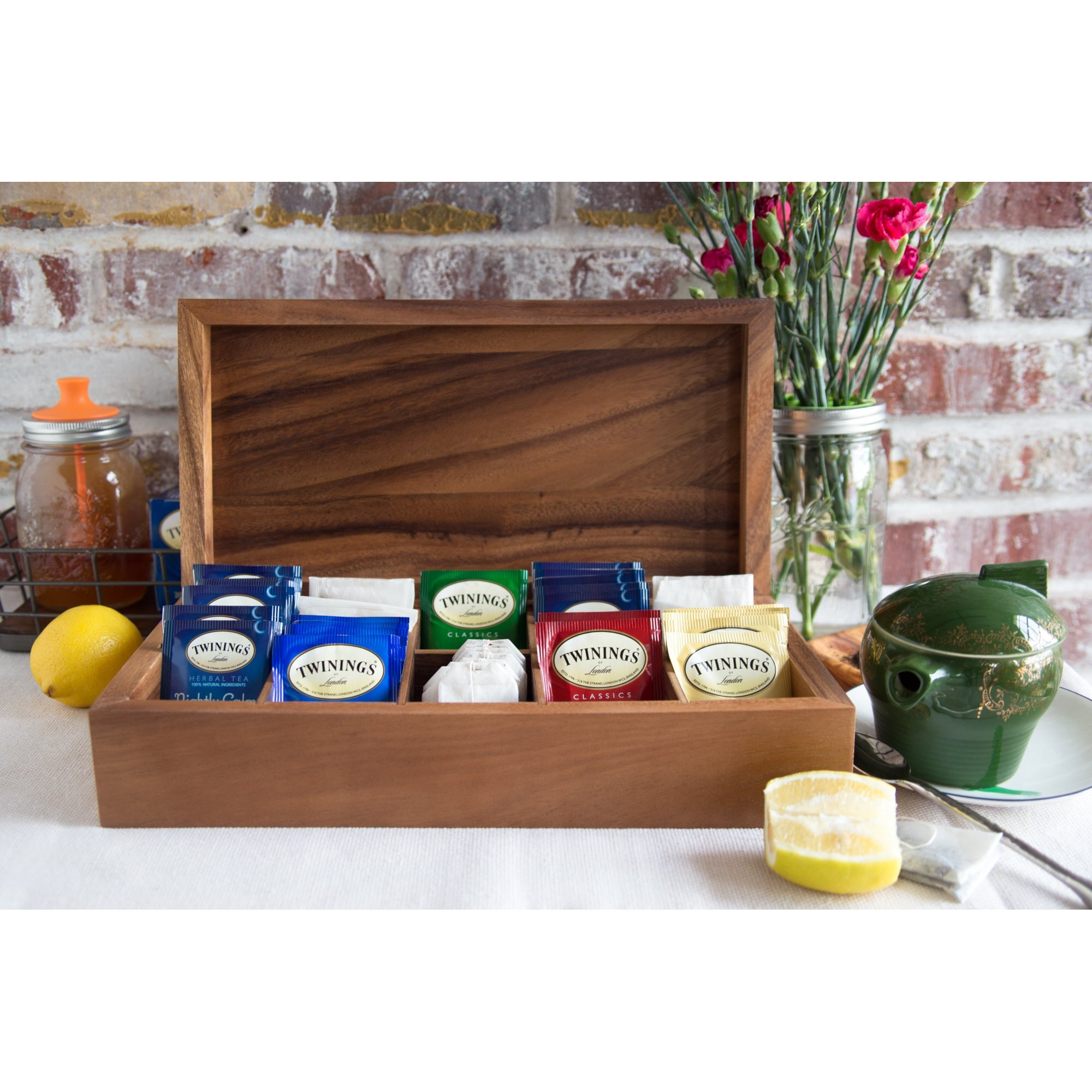 Ironwood Gourmet Rectangular Vauxhall Double Tea Box, Acacia Wood,Brown, 10 Compartment