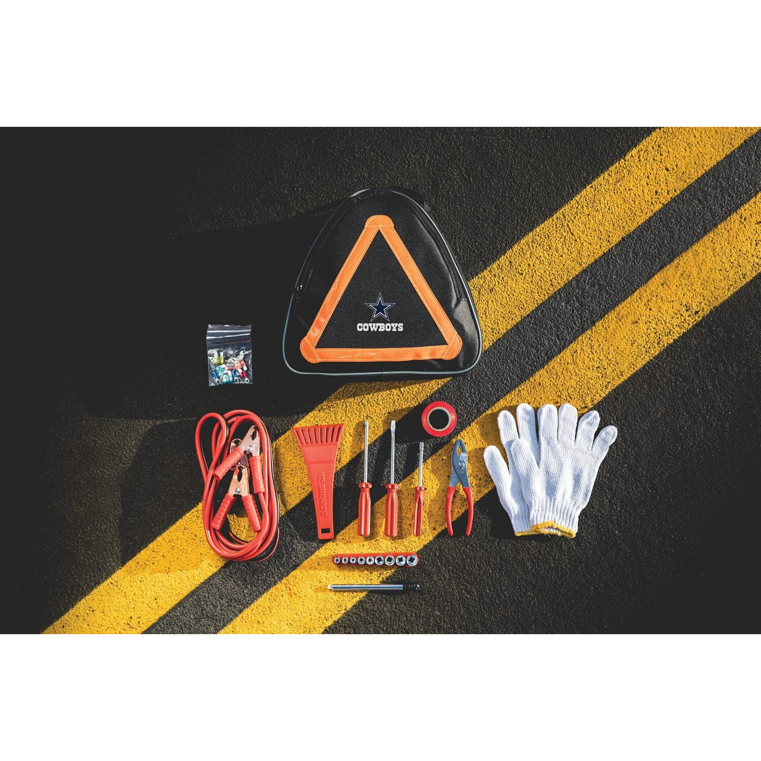 Picnic Time Nfl Dallas Cowboys Roadside Emergency Car Kit, Auto Vehicle Safety Road Side Assistance With Jumper Cables And Car Tool Kit, (Black With Orange Accents)