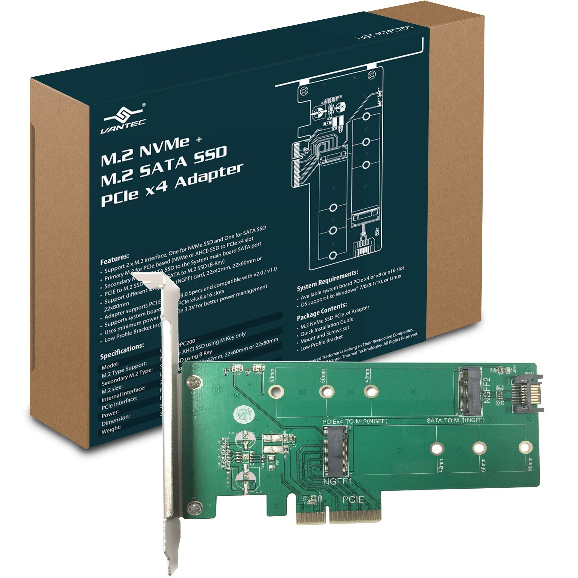 Vantec M.2 Nvme + M.2 Sata Ssd Pcie X4 Adapter (Ugt-M2Pc200), Green