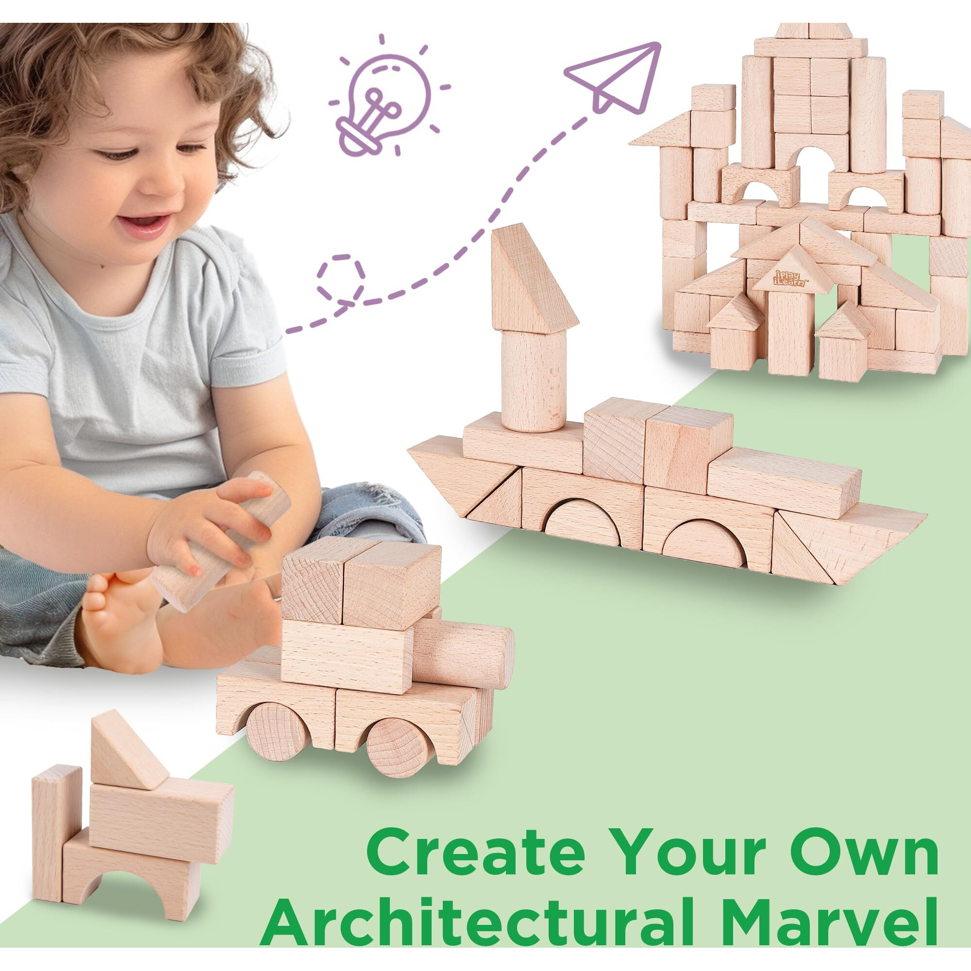Iplay, Ilearn Kid Wooden Building Block Set, Toddler Natural Wood Block Montessori Learning Toy, Large Hardwood Stacking Brick Castle Unit, Preschool Classroom Gift 2 3 4 5 6 8 Year Old Boy Girl Child
