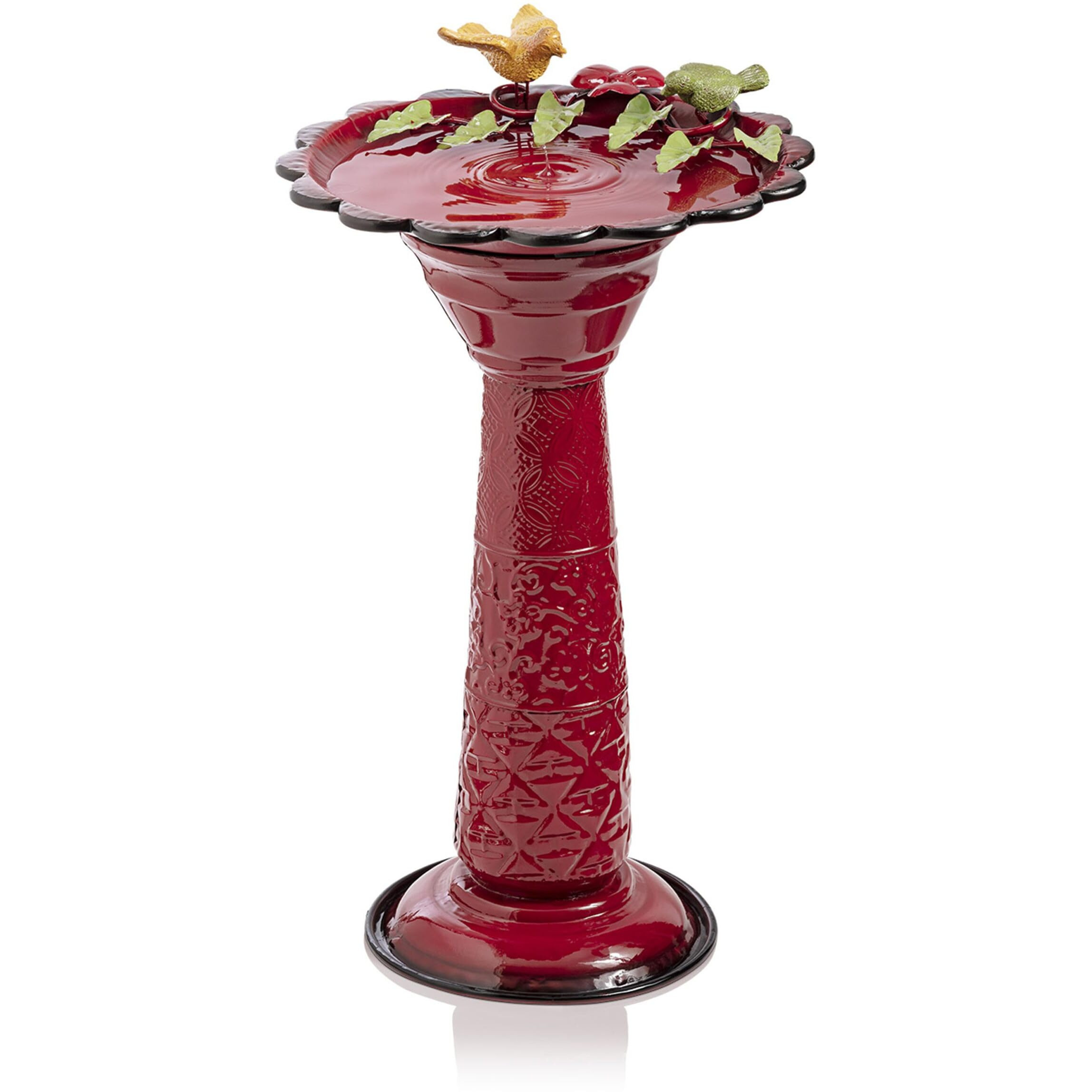 Alpine Corporation 28"" Tall Outdoor Metal Birdbath With Birds And Leaves Yard Statue Decoration, Red