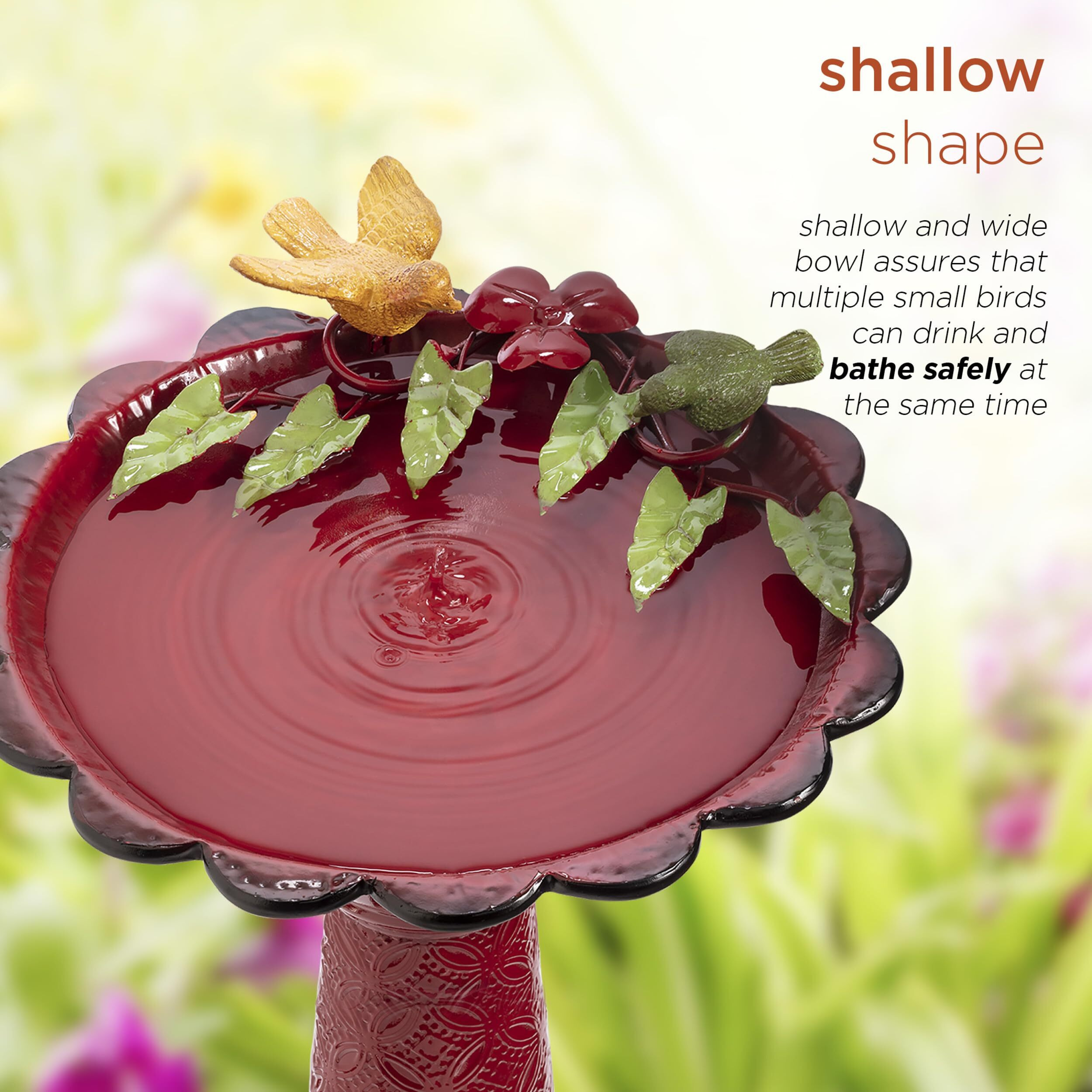 Alpine Corporation 28"" Tall Outdoor Metal Birdbath With Birds And Leaves Yard Statue Decoration, Red
