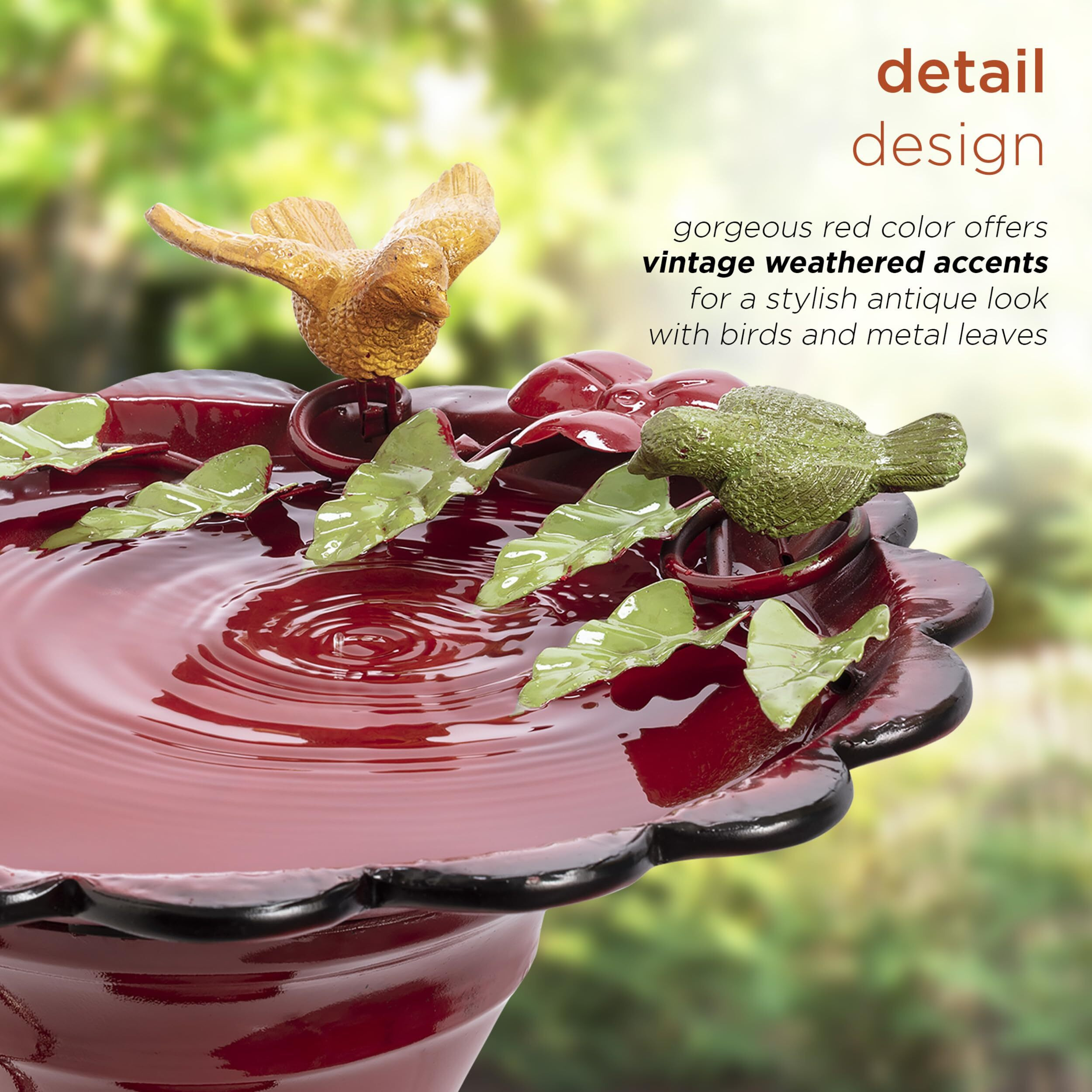 Alpine Corporation 28"" Tall Outdoor Metal Birdbath With Birds And Leaves Yard Statue Decoration, Red