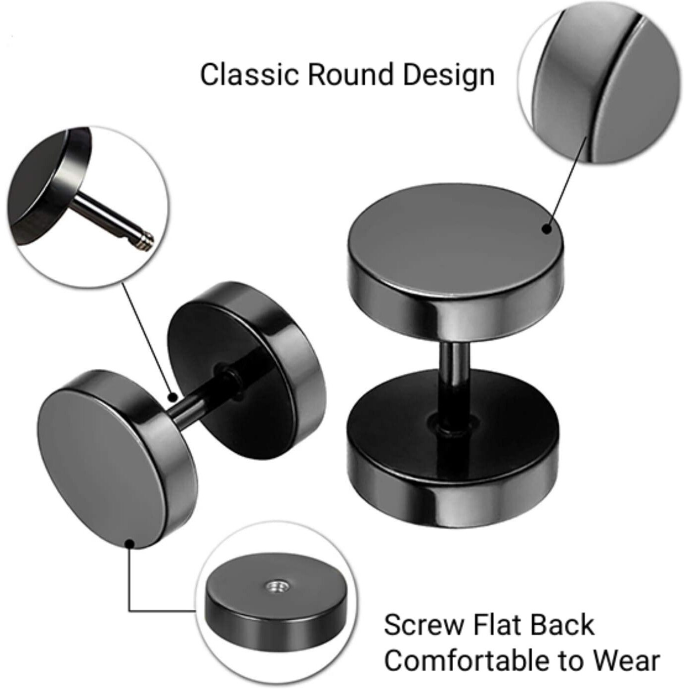 Aroncent 6 Pairs 4-14Mm Black Earrings For Men Women Fake Gauges Fake Earrings Stainless Steel Earrings Set
